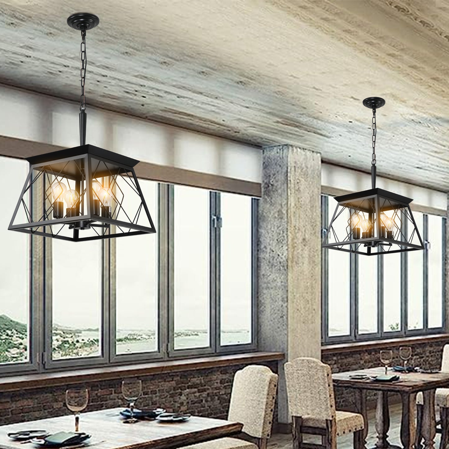 16" Black Industrial 4-Light Pendant Chandelier, Modern Metal Cage Design, Adjustable Hanging Light for Dining Room, Kitchen, Living Room