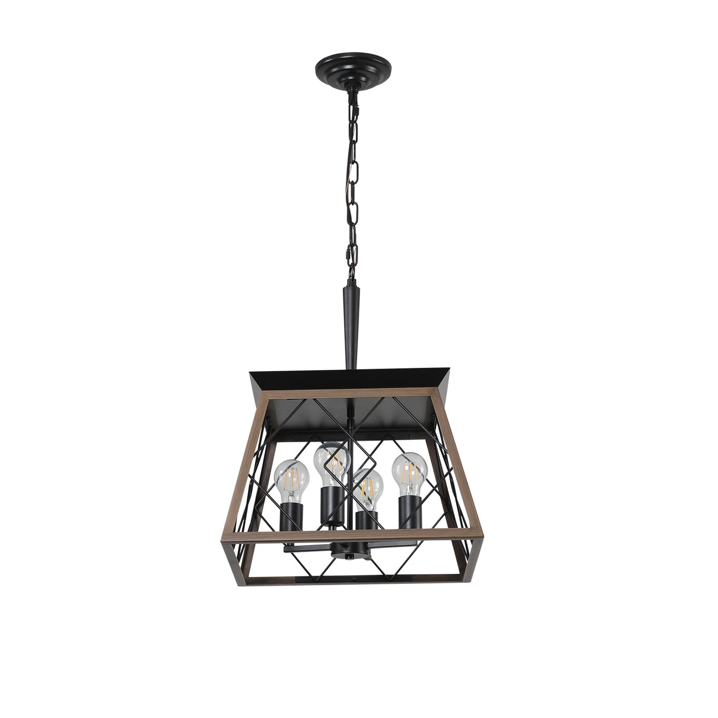16" Walnut Industrial 4-Light Pendant Chandelier, Modern Metal Cage Design, Adjustable Hanging Light for Dining Room, Kitchen, Living Room