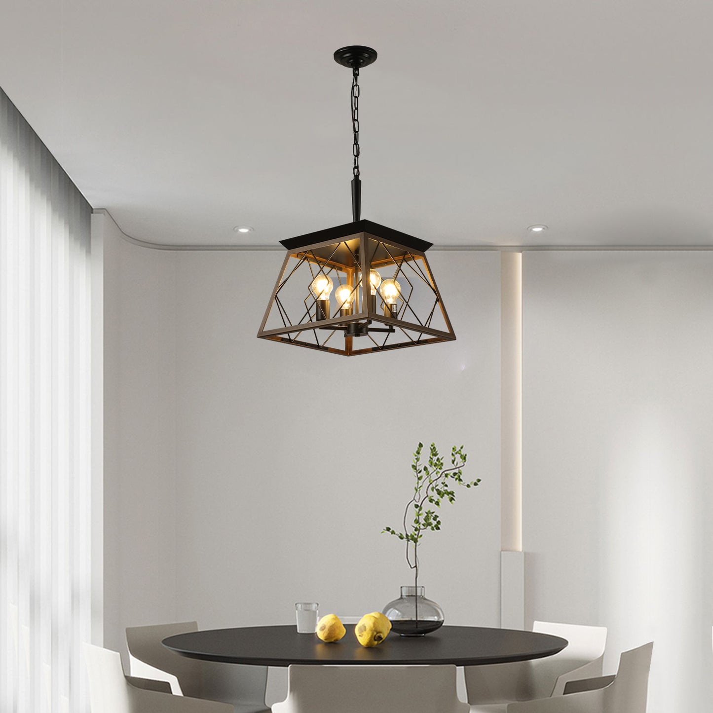 16" Walnut Industrial 4-Light Pendant Chandelier, Modern Metal Cage Design, Adjustable Hanging Light for Dining Room, Kitchen, Living Room