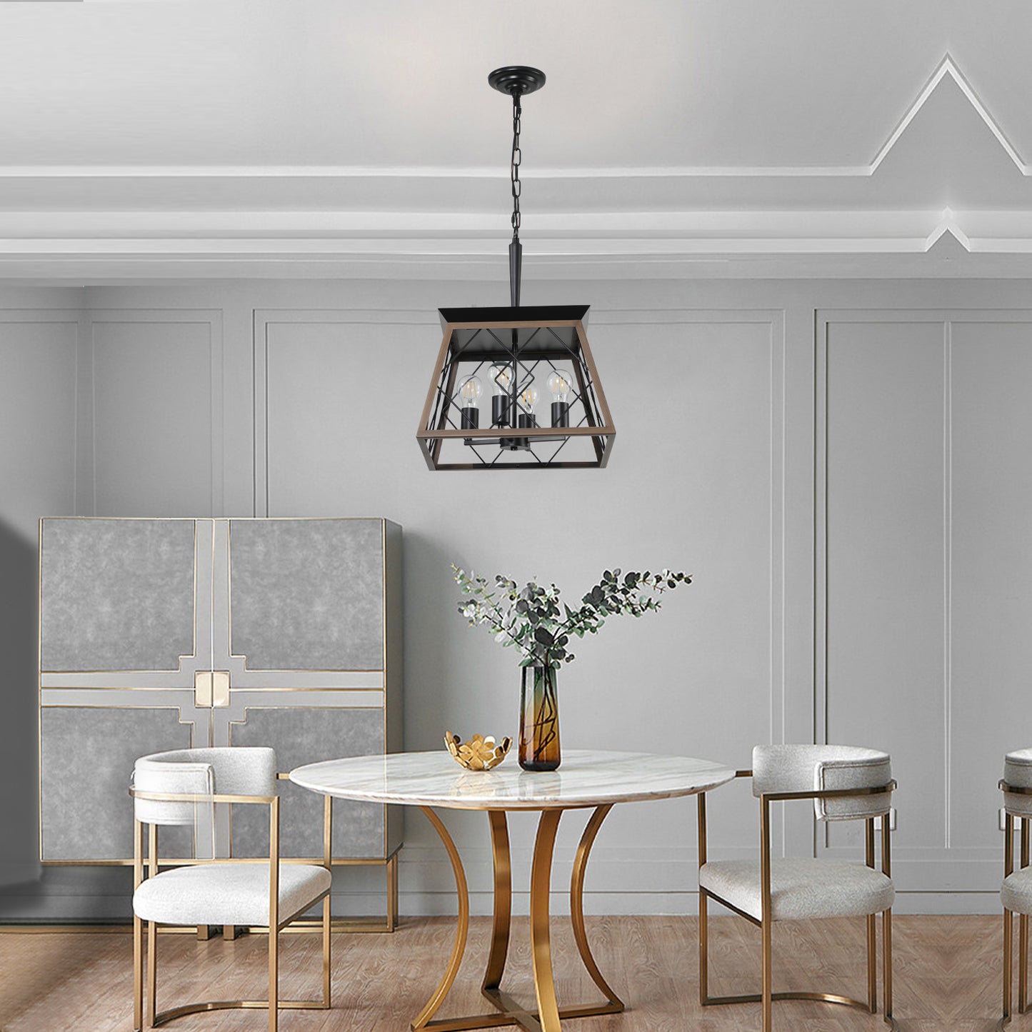 16" Walnut Industrial 4-Light Pendant Chandelier, Modern Metal Cage Design, Adjustable Hanging Light for Dining Room, Kitchen, Living Room