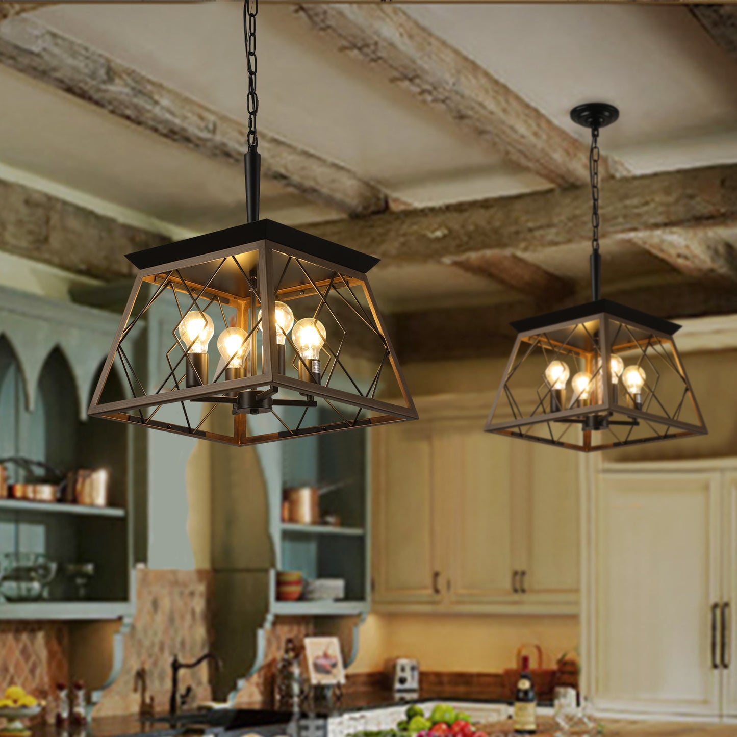 16" Walnut Industrial 4-Light Pendant Chandelier, Modern Metal Cage Design, Adjustable Hanging Light for Dining Room, Kitchen, Living Room