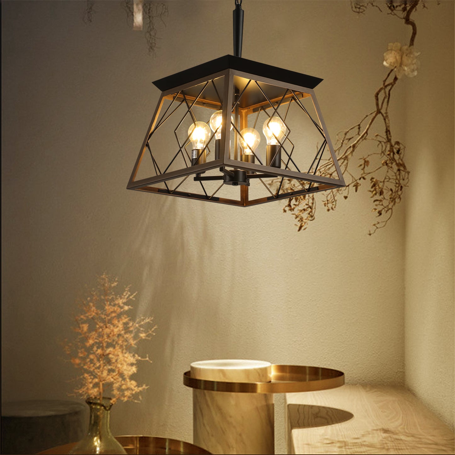 16" Walnut Industrial 4-Light Pendant Chandelier, Modern Metal Cage Design, Adjustable Hanging Light for Dining Room, Kitchen, Living Room