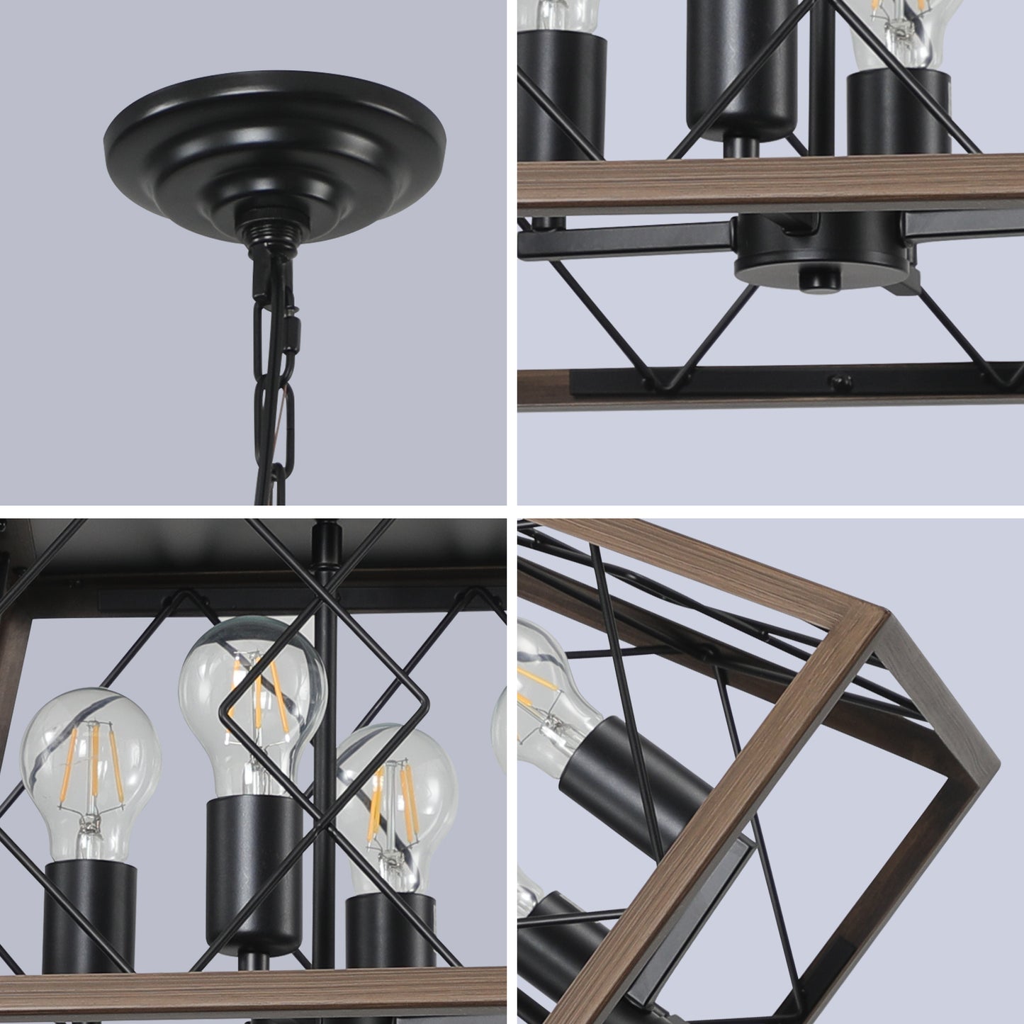 16" Walnut Industrial 4-Light Pendant Chandelier, Modern Metal Cage Design, Adjustable Hanging Light for Dining Room, Kitchen, Living Room