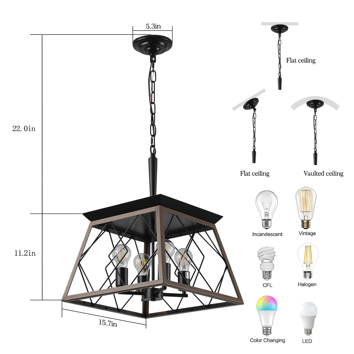 16" Walnut Industrial 4-Light Pendant Chandelier, Modern Metal Cage Design, Adjustable Hanging Light for Dining Room, Kitchen, Living Room