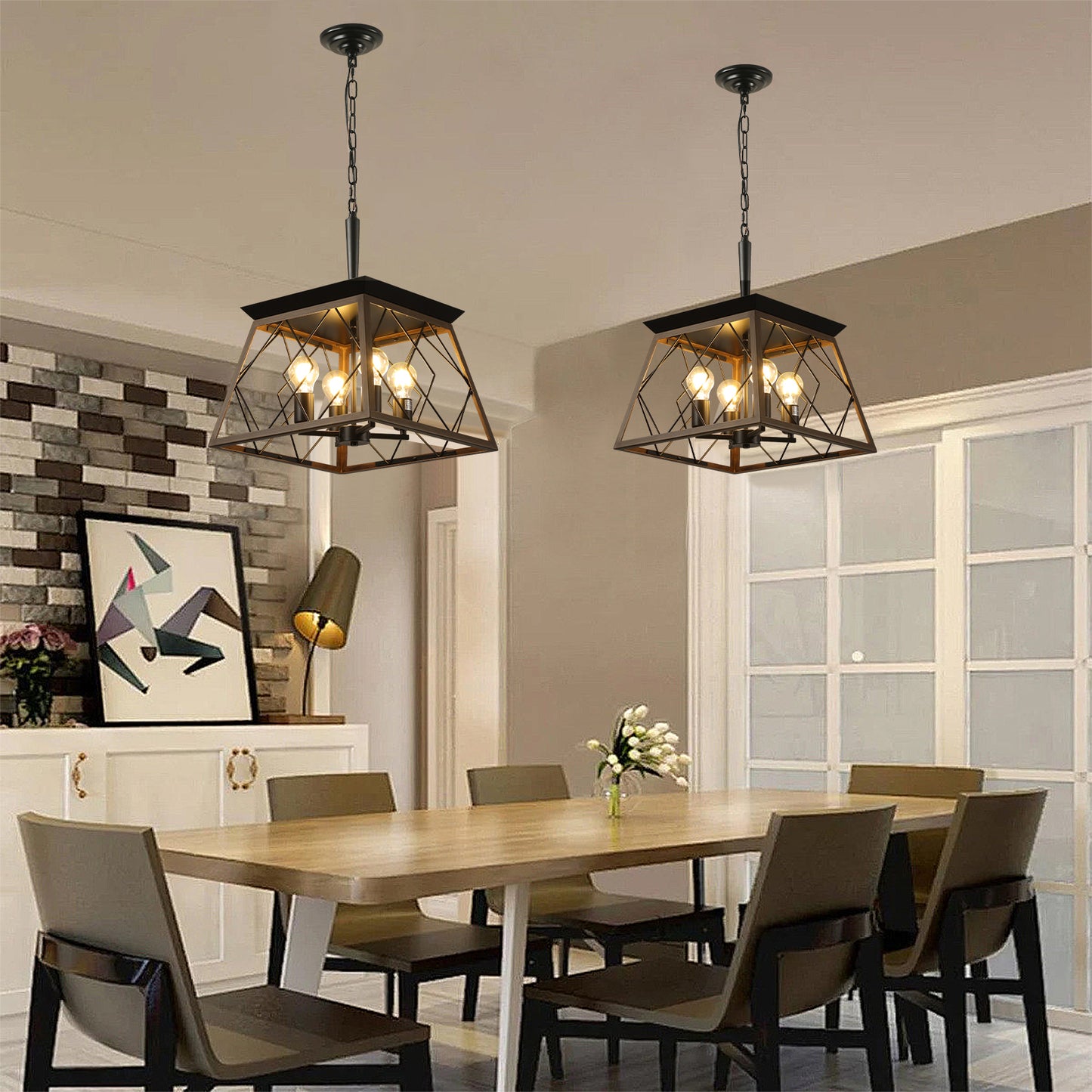 16" Walnut Industrial 4-Light Pendant Chandelier, Modern Metal Cage Design, Adjustable Hanging Light for Dining Room, Kitchen, Living Room
