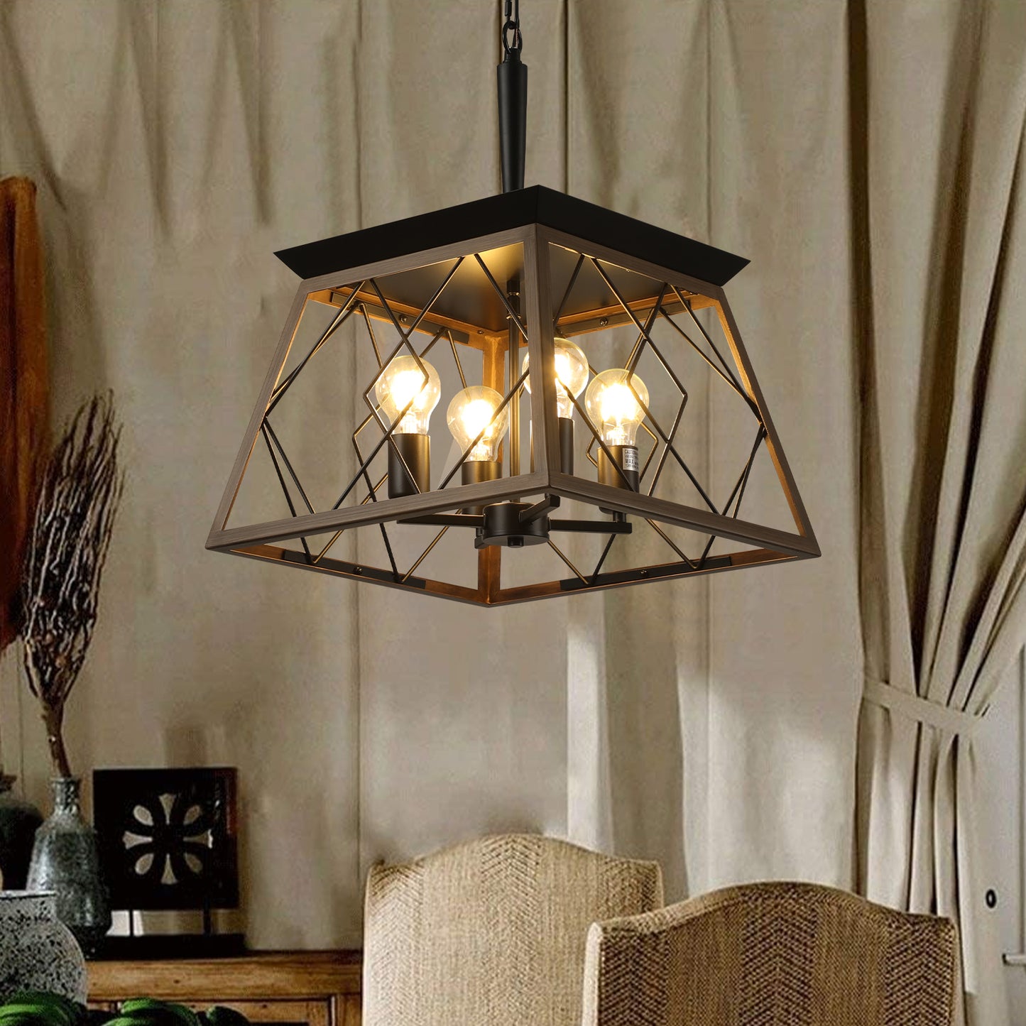 16" Walnut Industrial 4-Light Pendant Chandelier, Modern Metal Cage Design, Adjustable Hanging Light for Dining Room, Kitchen, Living Room