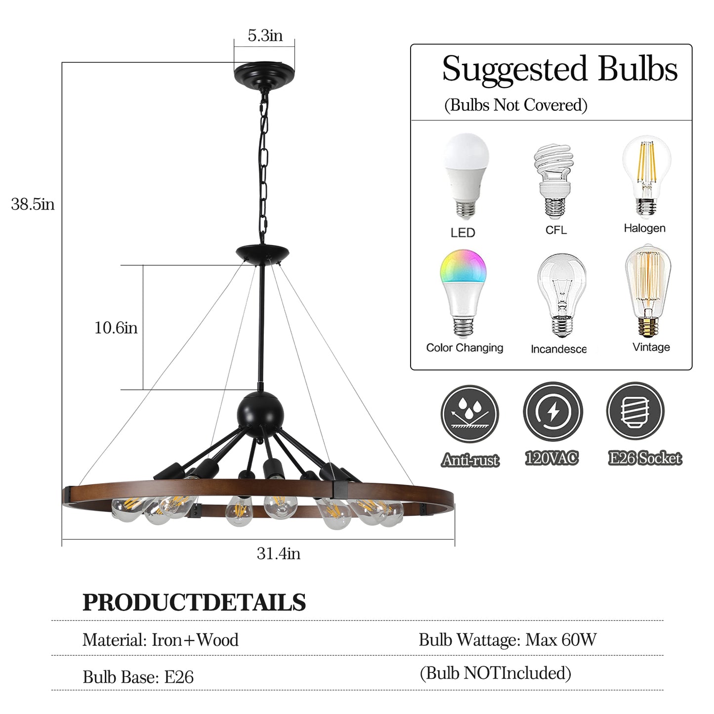 32" Rustic Industrial Chandelier, 8-Light Farmhouse Pendant Lighting Fixture with Metal and Wood Finish, Adjustable Chain for Dining Room, Kitchen, or Living Room