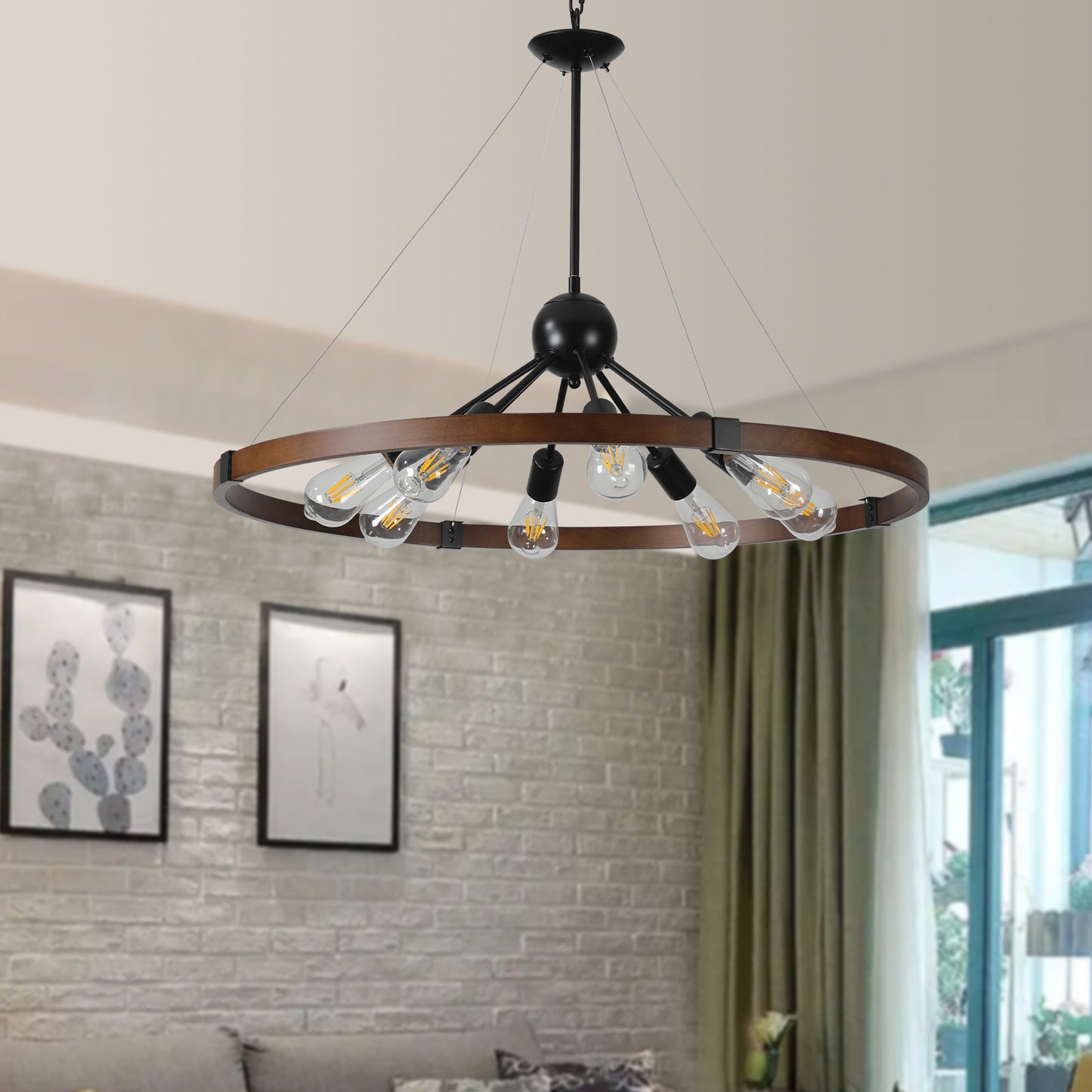 32" Rustic Industrial Chandelier, 8-Light Farmhouse Pendant Lighting Fixture with Metal and Wood Finish, Adjustable Chain for Dining Room, Kitchen, or Living Room