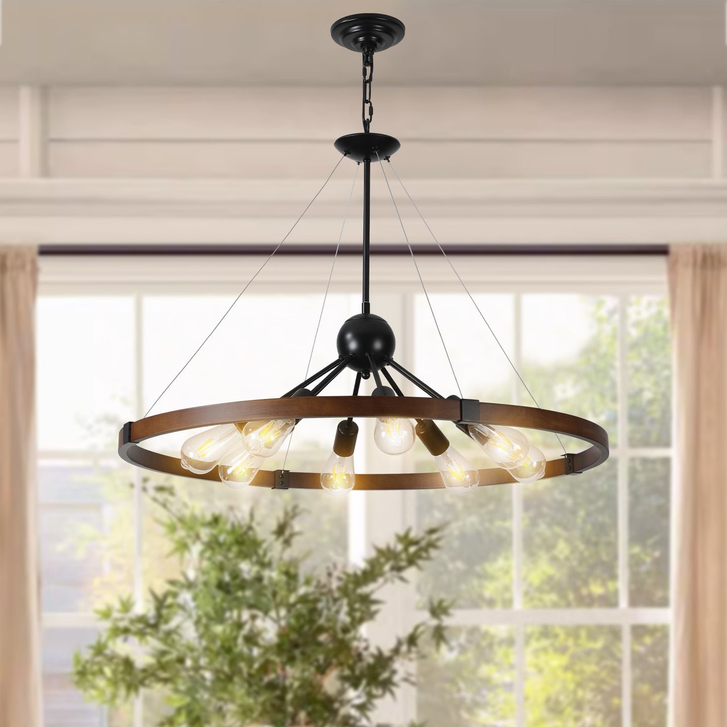 32" Rustic Industrial Chandelier, 8-Light Farmhouse Pendant Lighting Fixture with Metal and Wood Finish, Adjustable Chain for Dining Room, Kitchen, or Living Room