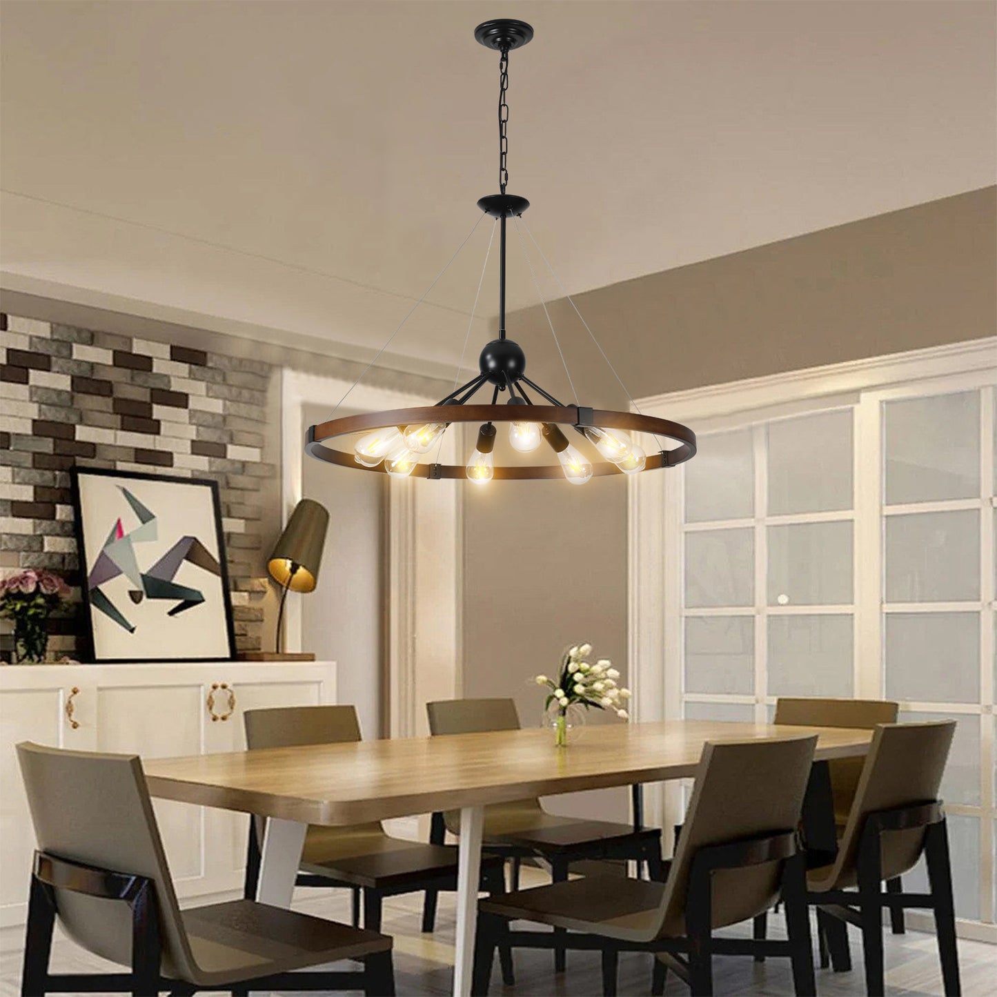 32" Rustic Industrial Chandelier, 8-Light Farmhouse Pendant Lighting Fixture with Metal and Wood Finish, Adjustable Chain for Dining Room, Kitchen, or Living Room