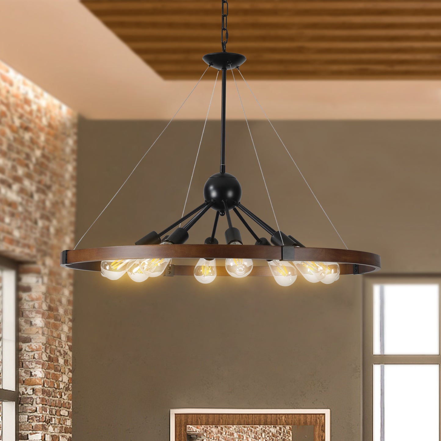 32" Rustic Industrial Chandelier, 8-Light Farmhouse Pendant Lighting Fixture with Metal and Wood Finish, Adjustable Chain for Dining Room, Kitchen, or Living Room