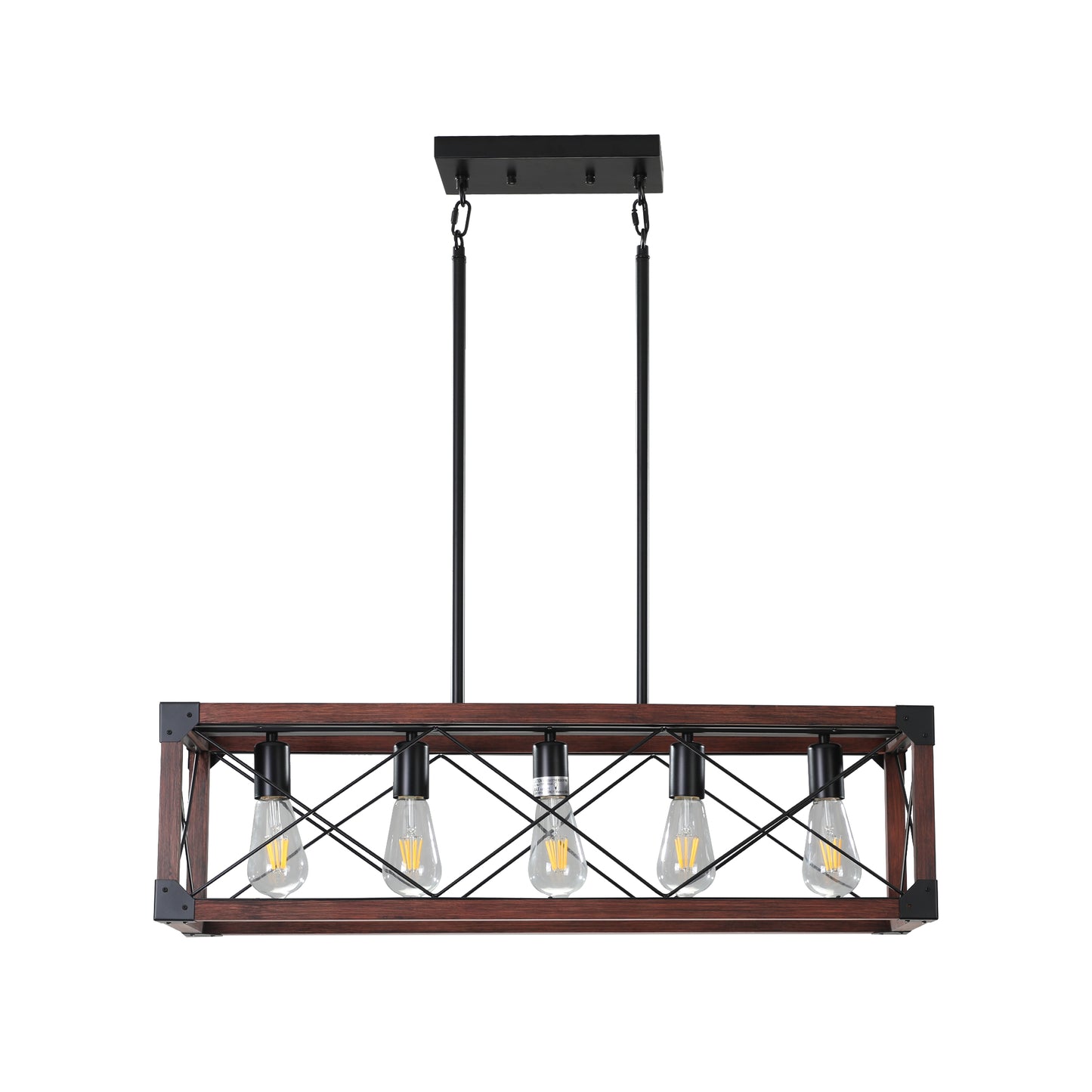 32" Red Wood Industrial Farmhouse Rectangle Pendant Light, 5-Light Chandelier for Dining Room, Kitchen Island, Cafe Decor (No Bulbs)