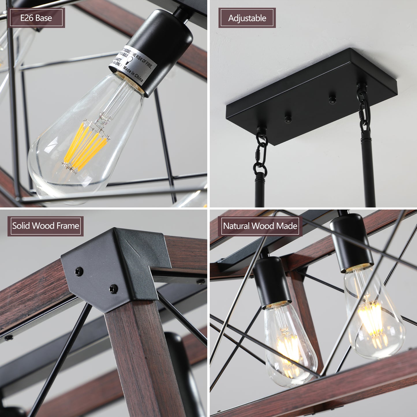 32" Red Wood Industrial Farmhouse Rectangle Pendant Light, 5-Light Chandelier for Dining Room, Kitchen Island, Cafe Decor (No Bulbs)