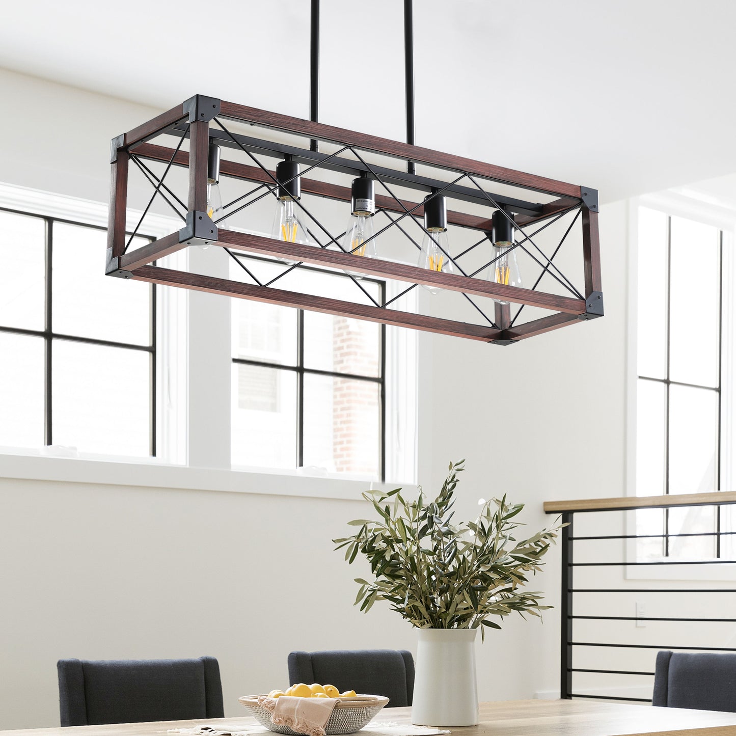 32" Red Wood Industrial Farmhouse Rectangle Pendant Light, 5-Light Chandelier for Dining Room, Kitchen Island, Cafe Decor (No Bulbs)
