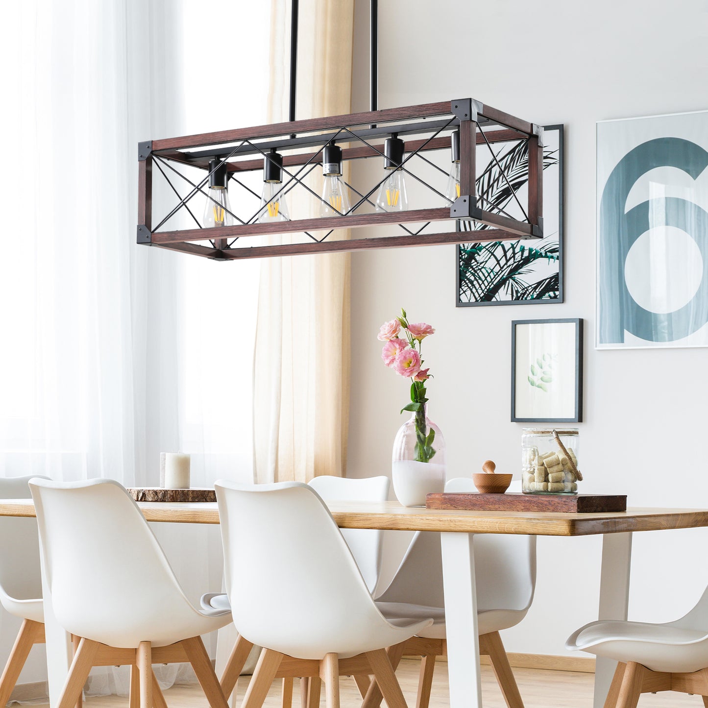 32" Red Wood Industrial Farmhouse Rectangle Pendant Light, 5-Light Chandelier for Dining Room, Kitchen Island, Cafe Decor (No Bulbs)