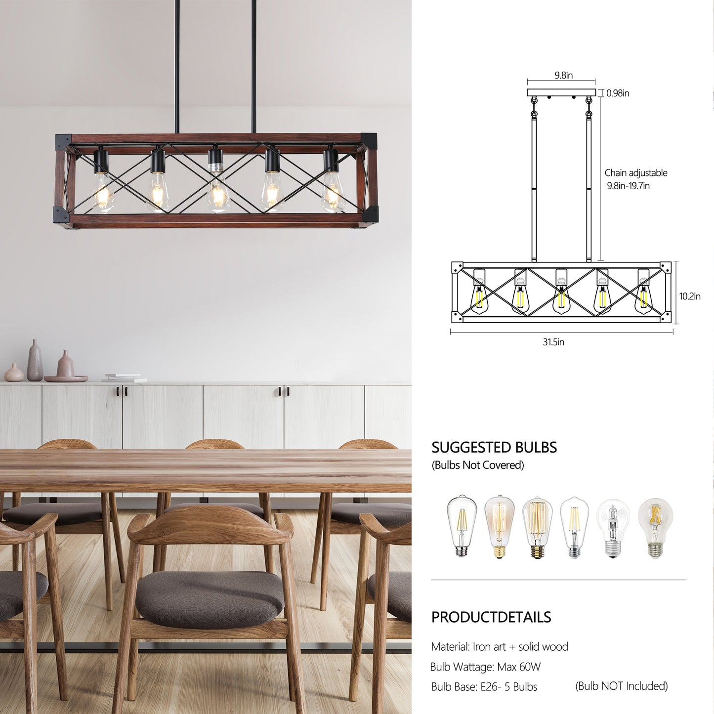 32" Red Wood Industrial Farmhouse Rectangle Pendant Light, 5-Light Chandelier for Dining Room, Kitchen Island, Cafe Decor (No Bulbs)