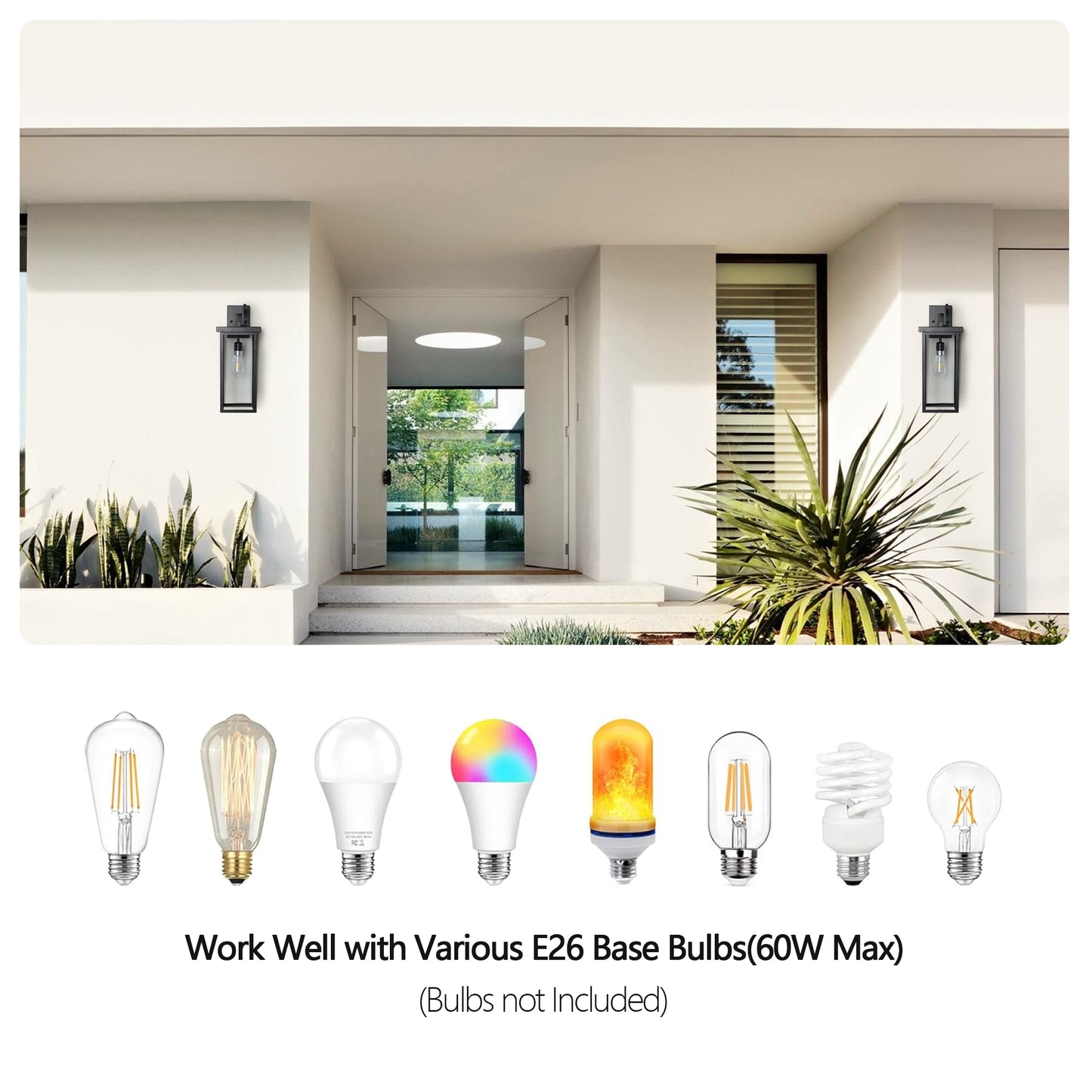 20"(H) Set of 2 Modern Outdoor Wall Lanterns with Black Metal Frame and Clear Glass, Ambient Light Sensors,Weatherproof Wall Sconces for Porch, Garage, or Entryway Lighting, E26 Bulb Compatible