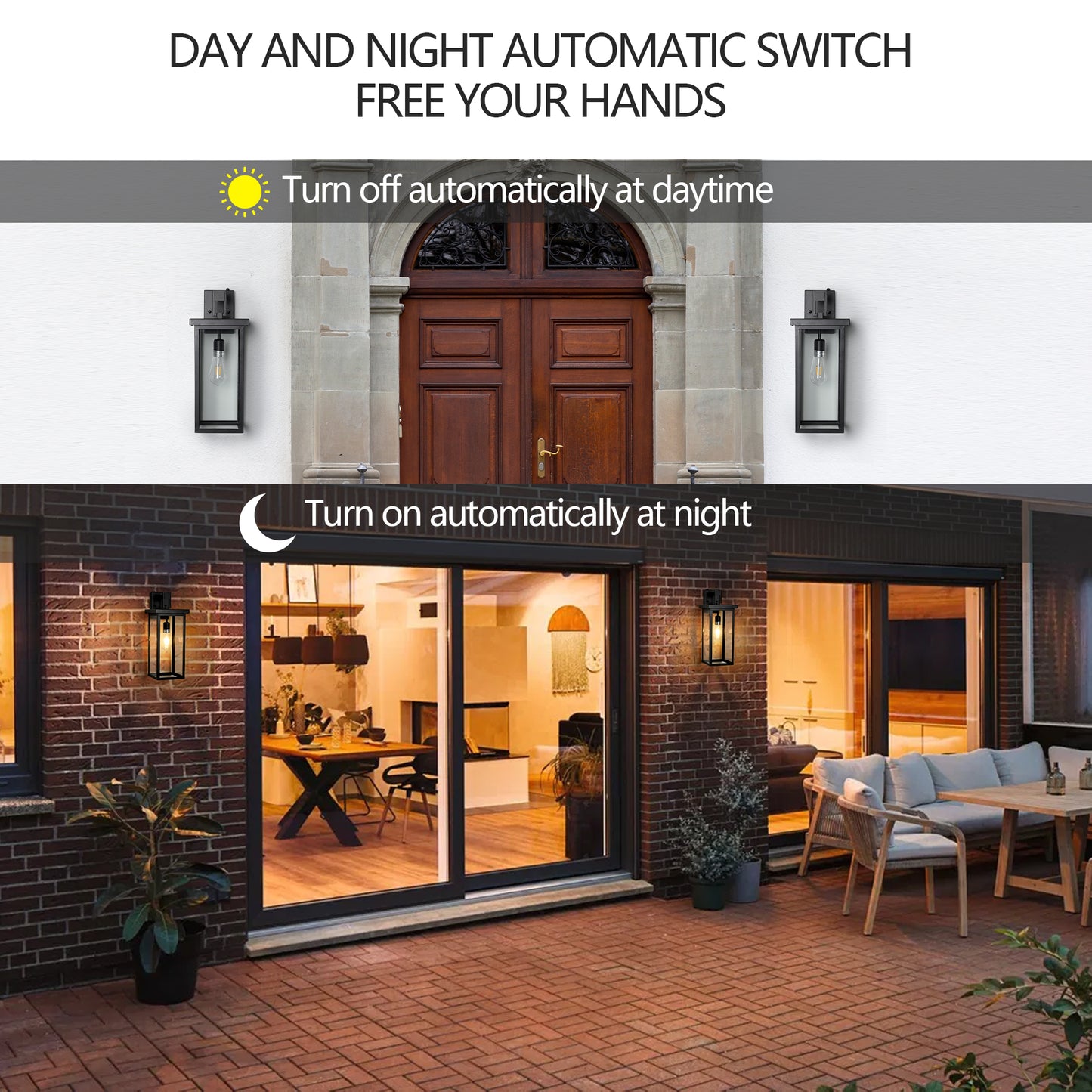 20"(H) Set of 2 Modern Outdoor Wall Lanterns with Black Metal Frame and Clear Glass, Ambient Light Sensors,Weatherproof Wall Sconces for Porch, Garage, or Entryway Lighting, E26 Bulb Compatible