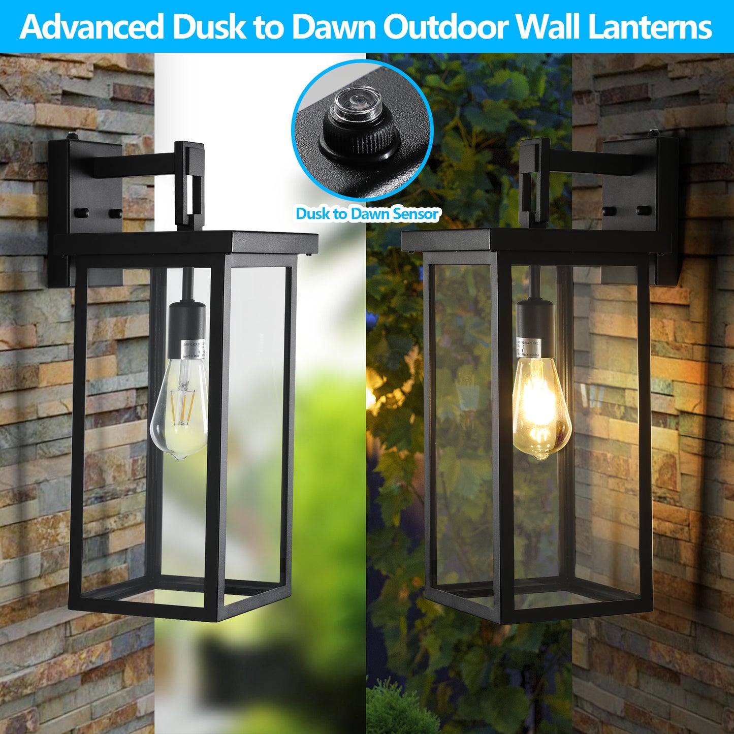 20"(H) Set of 2 Modern Outdoor Wall Lanterns with Black Metal Frame and Clear Glass, Ambient Light Sensors,Weatherproof Wall Sconces for Porch, Garage, or Entryway Lighting, E26 Bulb Compatible