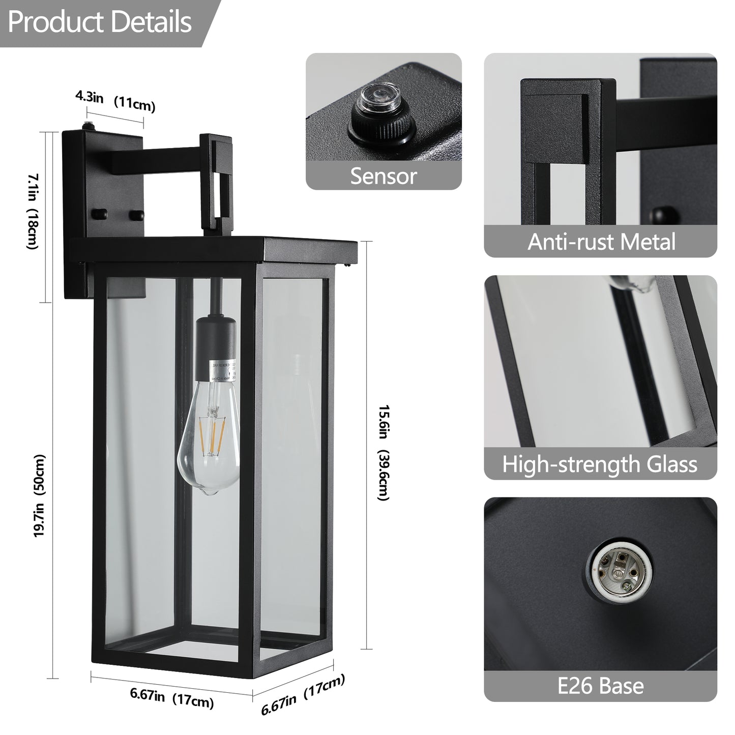 20"(H) Set of 2 Modern Outdoor Wall Lanterns with Black Metal Frame and Clear Glass, Ambient Light Sensors,Weatherproof Wall Sconces for Porch, Garage, or Entryway Lighting, E26 Bulb Compatible