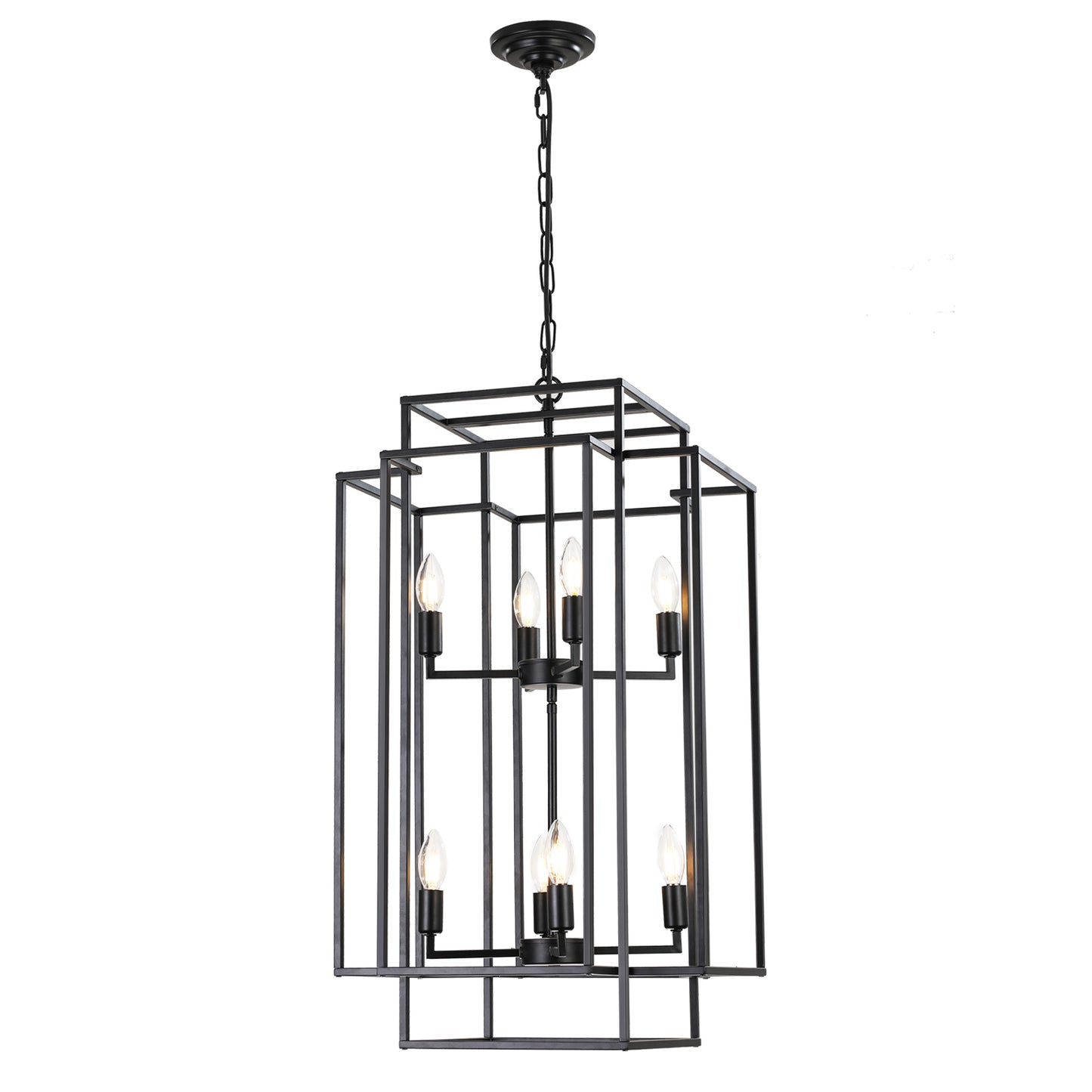 18" Modern 8-Light Black Geometric Pendant Chandelier, Industrial Metal Frame, Adjustable Hanging Light for Living Room, Dining Room, Kitchen (No Bulbs)