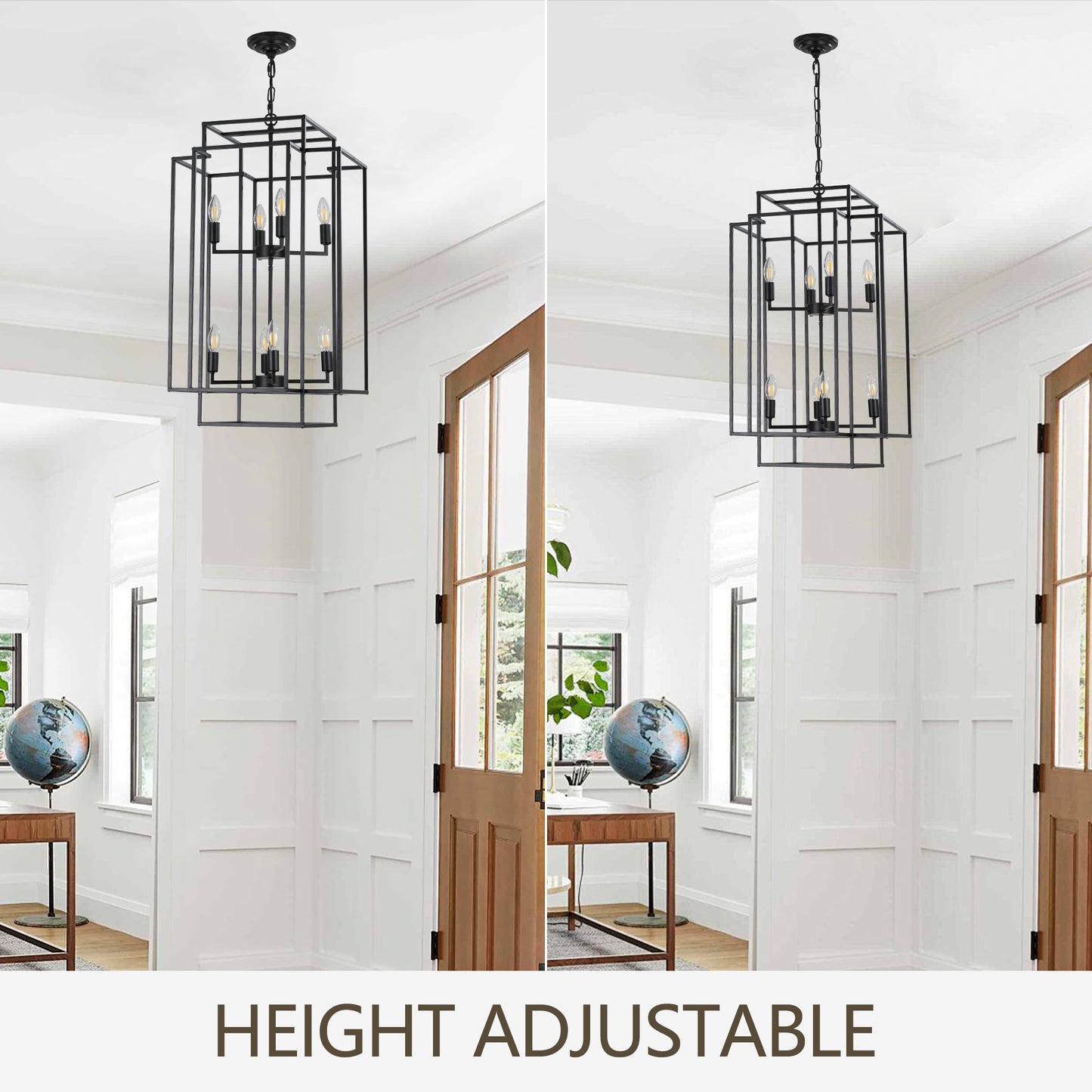 18" Modern 8-Light Black Geometric Pendant Chandelier, Industrial Metal Frame, Adjustable Hanging Light for Living Room, Dining Room, Kitchen (No Bulbs)