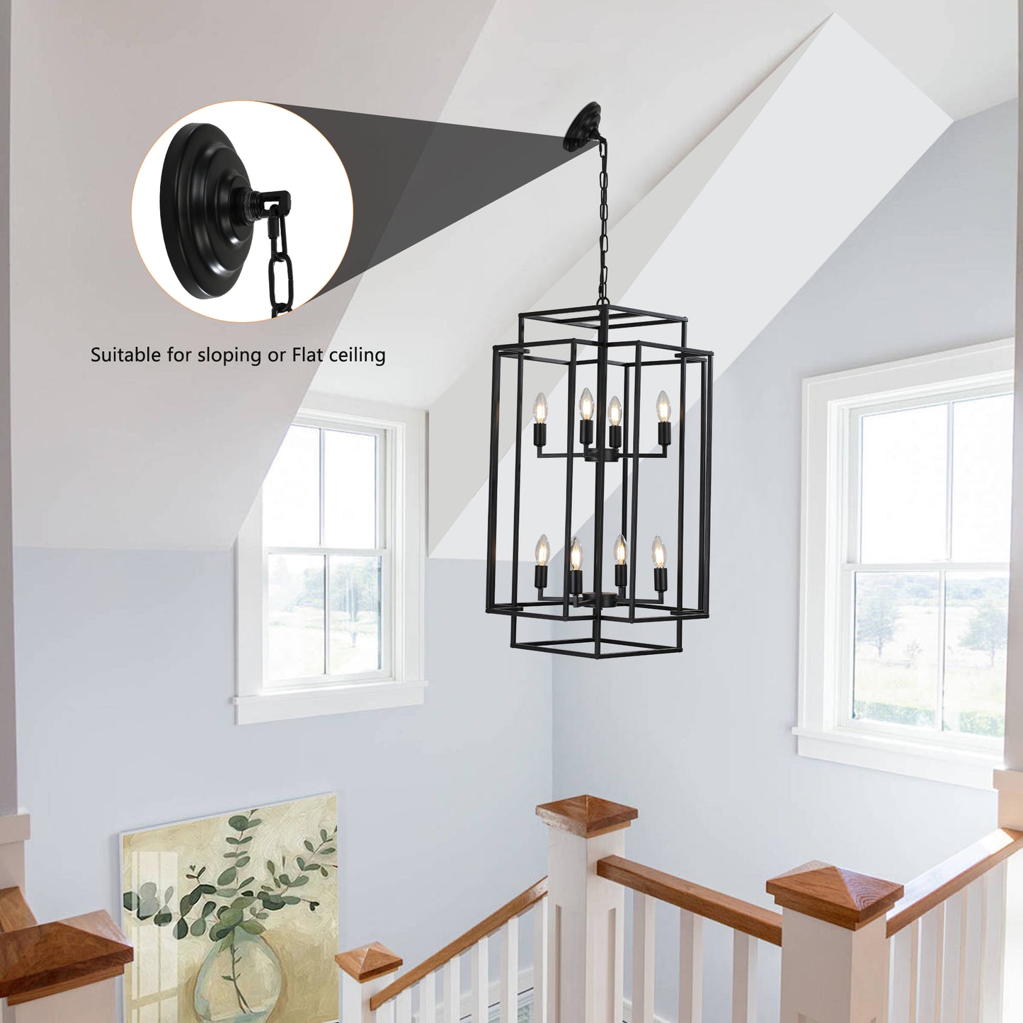 18" Modern 8-Light Black Geometric Pendant Chandelier, Industrial Metal Frame, Adjustable Hanging Light for Living Room, Dining Room, Kitchen (No Bulbs)