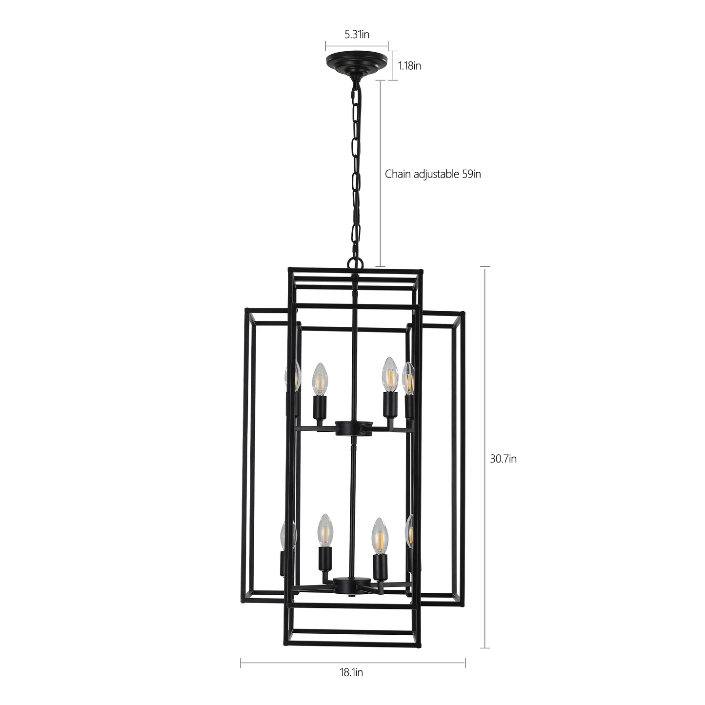 18" Modern 8-Light Black Geometric Pendant Chandelier, Industrial Metal Frame, Adjustable Hanging Light for Living Room, Dining Room, Kitchen (No Bulbs)