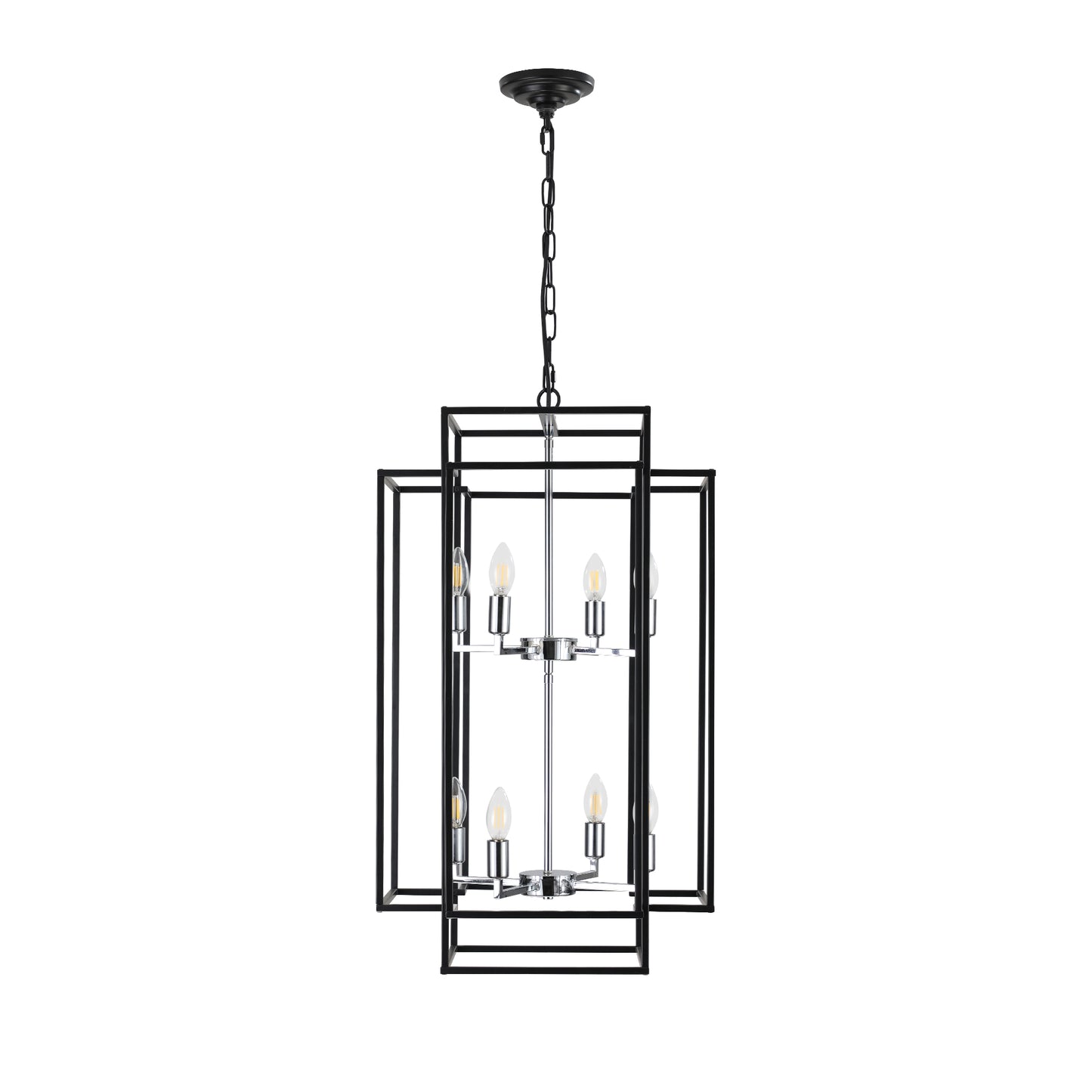 18" Modern 8-Light Black & Chrome Geometric Pendant Chandelier, Industrial Metal Frame, Adjustable Hanging Light for Living Room, Dining Room, Kitchen (No Bulbs)