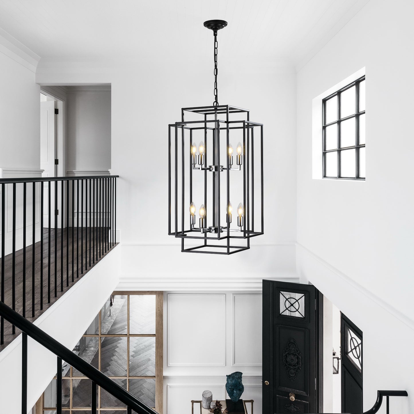 18" Modern 8-Light Black & Chrome Geometric Pendant Chandelier, Industrial Metal Frame, Adjustable Hanging Light for Living Room, Dining Room, Kitchen (No Bulbs)