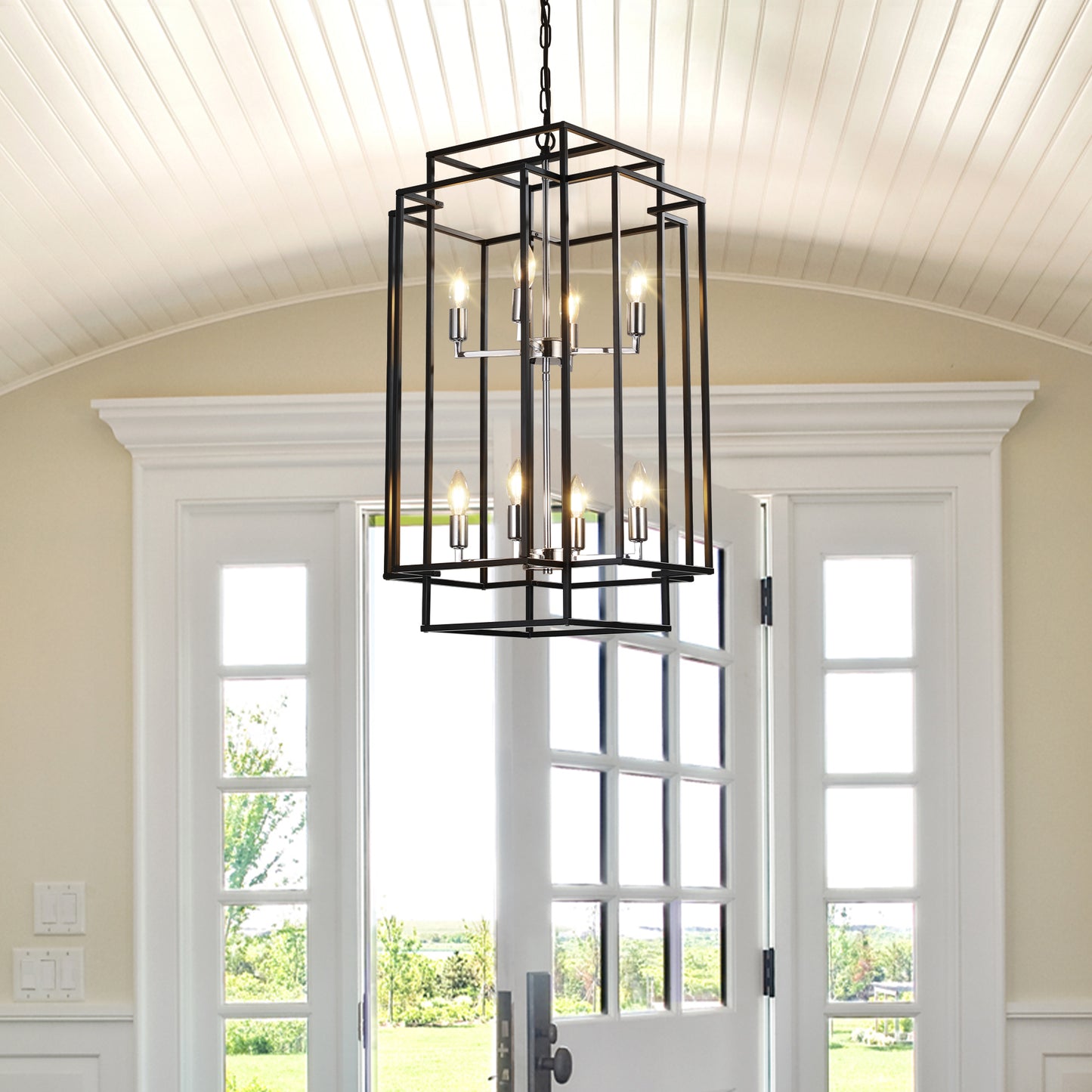 18" Modern 8-Light Black & Chrome Geometric Pendant Chandelier, Industrial Metal Frame, Adjustable Hanging Light for Living Room, Dining Room, Kitchen (No Bulbs)