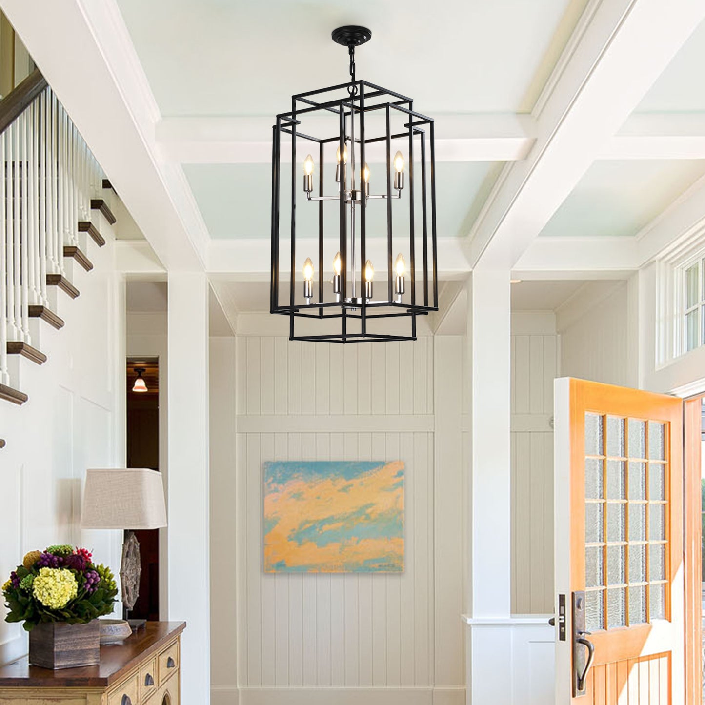 18" Modern 8-Light Black & Chrome Geometric Pendant Chandelier, Industrial Metal Frame, Adjustable Hanging Light for Living Room, Dining Room, Kitchen (No Bulbs)