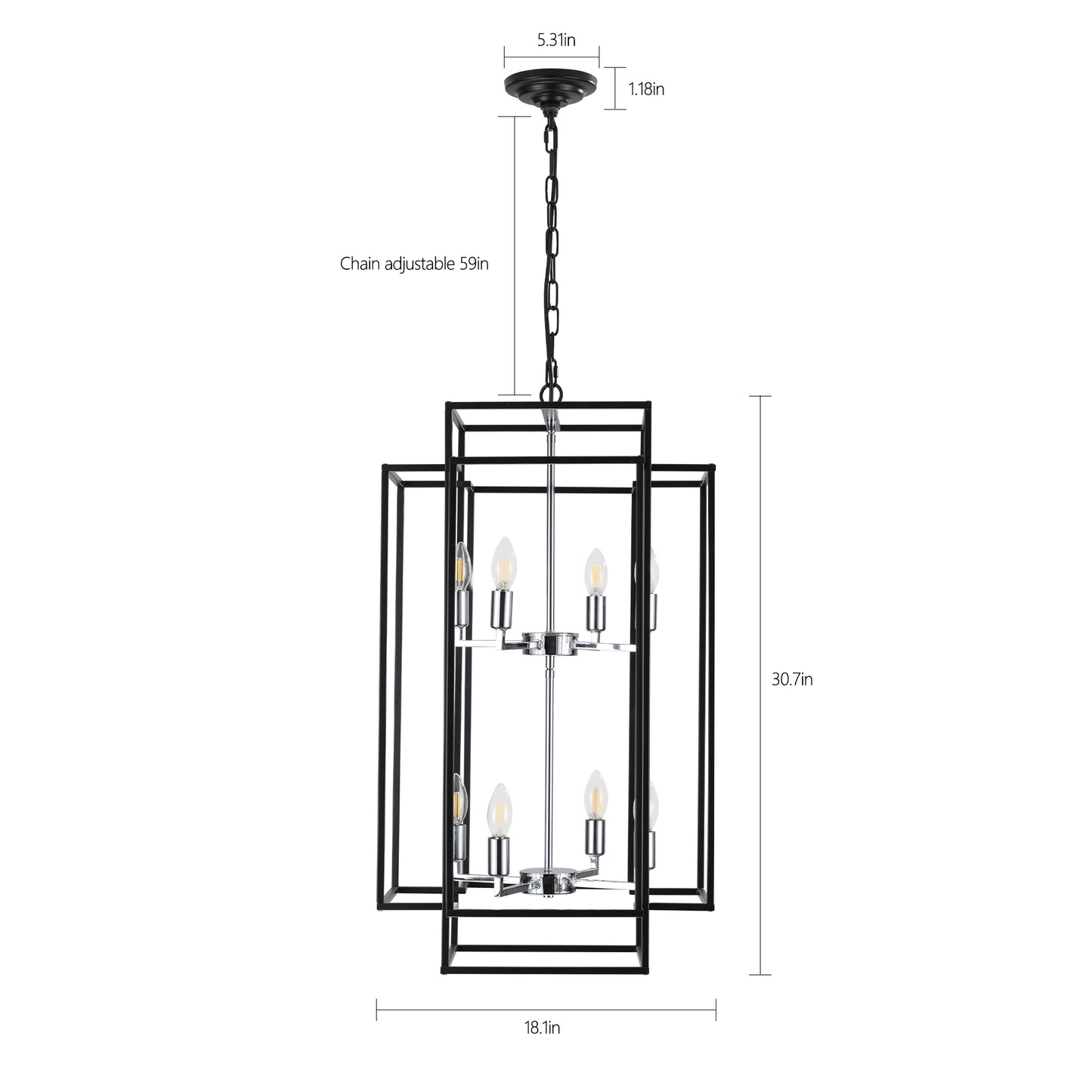 18" Modern 8-Light Black & Chrome Geometric Pendant Chandelier, Industrial Metal Frame, Adjustable Hanging Light for Living Room, Dining Room, Kitchen (No Bulbs)