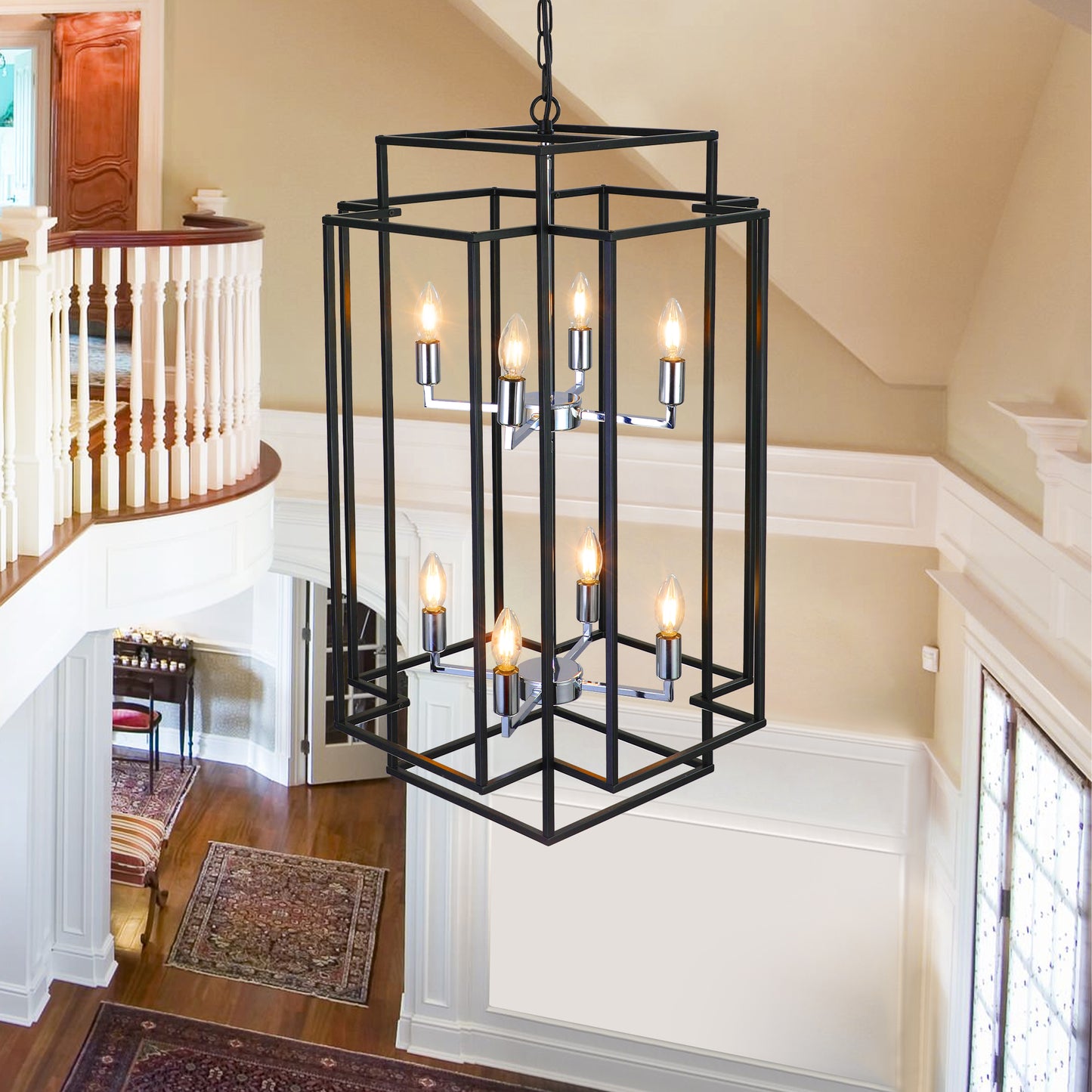 18" Modern 8-Light Black & Chrome Geometric Pendant Chandelier, Industrial Metal Frame, Adjustable Hanging Light for Living Room, Dining Room, Kitchen (No Bulbs)