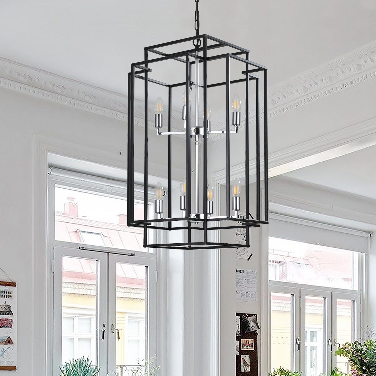 18" Modern 8-Light Black & Chrome Geometric Pendant Chandelier, Industrial Metal Frame, Adjustable Hanging Light for Living Room, Dining Room, Kitchen (No Bulbs)