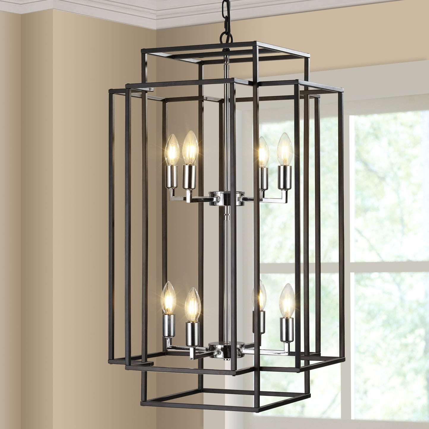 18" Modern 8-Light Black & Chrome Geometric Pendant Chandelier, Industrial Metal Frame, Adjustable Hanging Light for Living Room, Dining Room, Kitchen (No Bulbs)