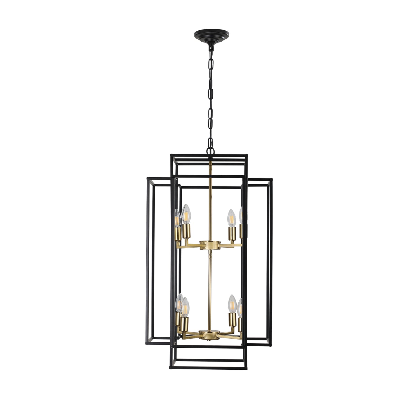 18" Modern 8-Light Black Gold Geometric Pendant Chandelier, Industrial Metal Frame, Adjustable Hanging Light for Living Room, Dining Room, Kitchen (No Bulbs)