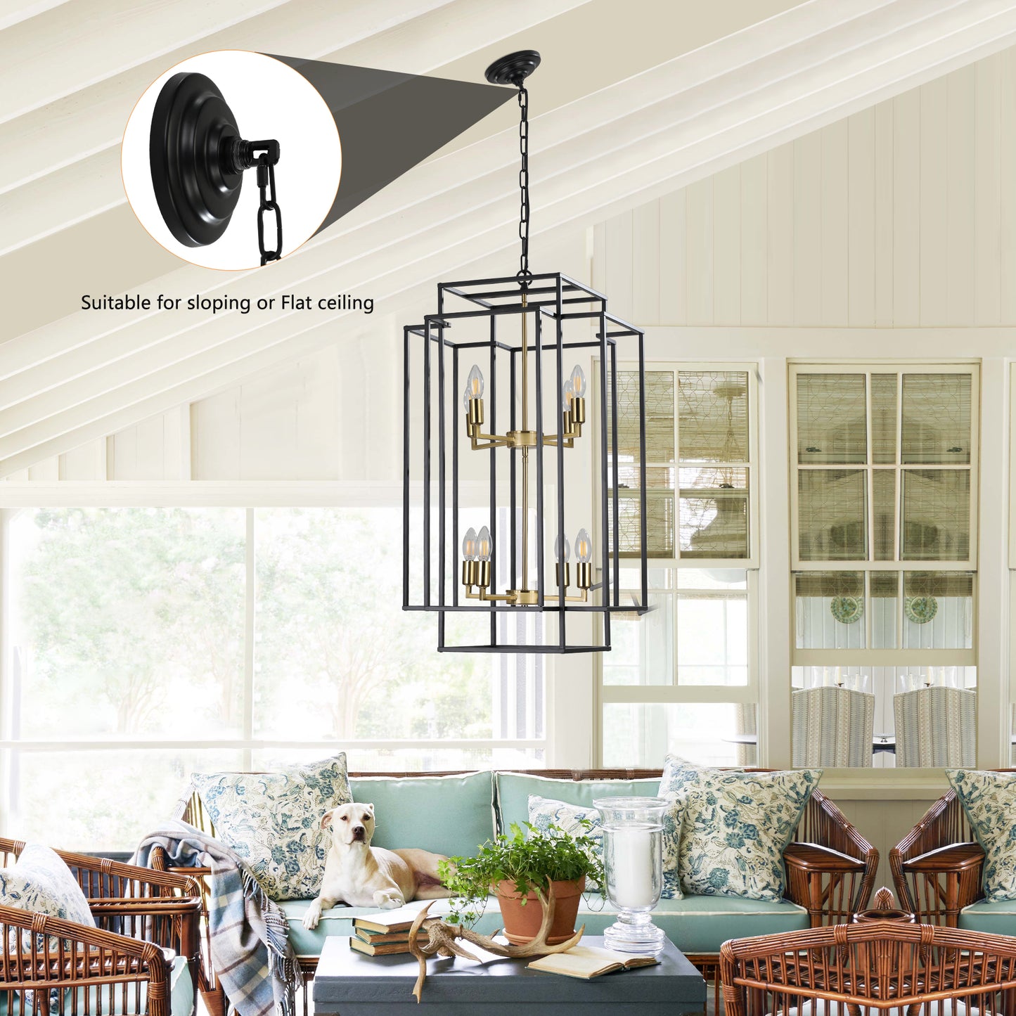 18" Modern 8-Light Black Gold Geometric Pendant Chandelier, Industrial Metal Frame, Adjustable Hanging Light for Living Room, Dining Room, Kitchen (No Bulbs)