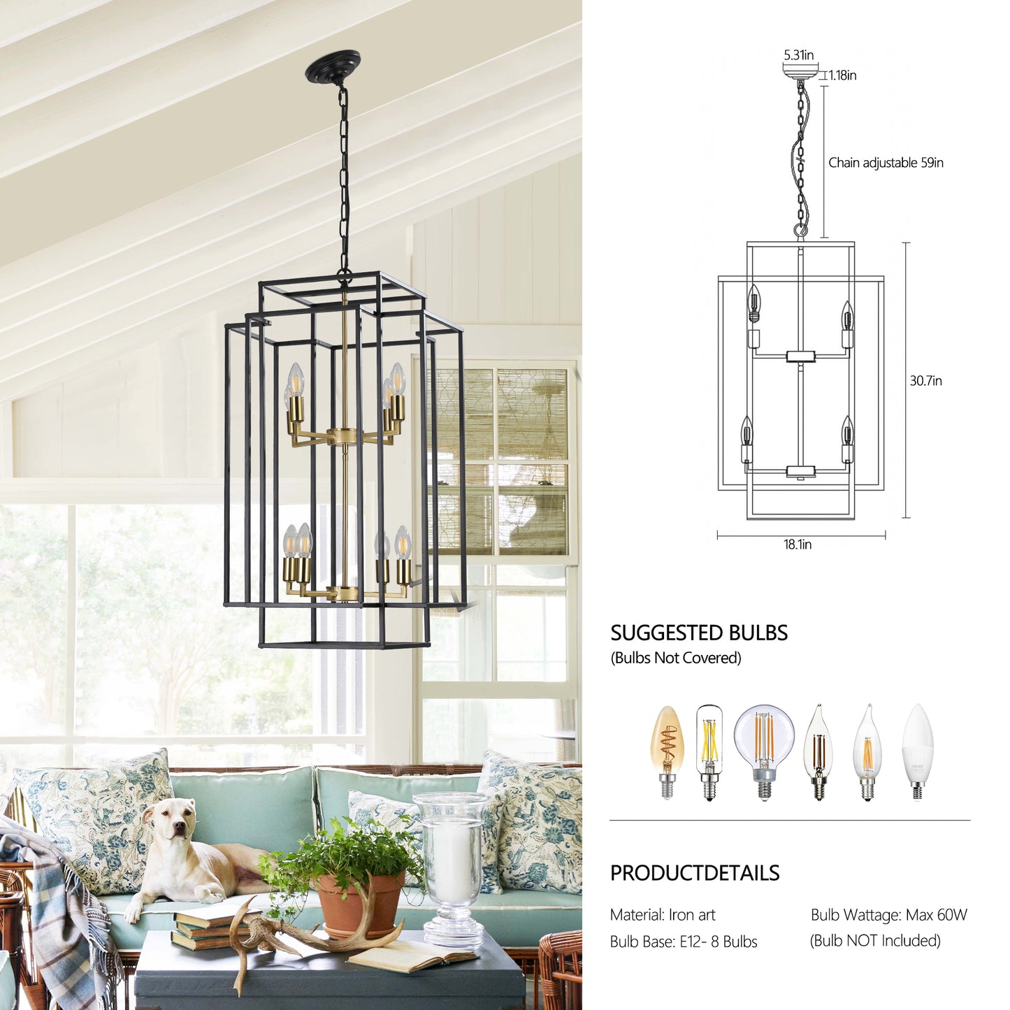 18" Modern 8-Light Black Gold Geometric Pendant Chandelier, Industrial Metal Frame, Adjustable Hanging Light for Living Room, Dining Room, Kitchen (No Bulbs)