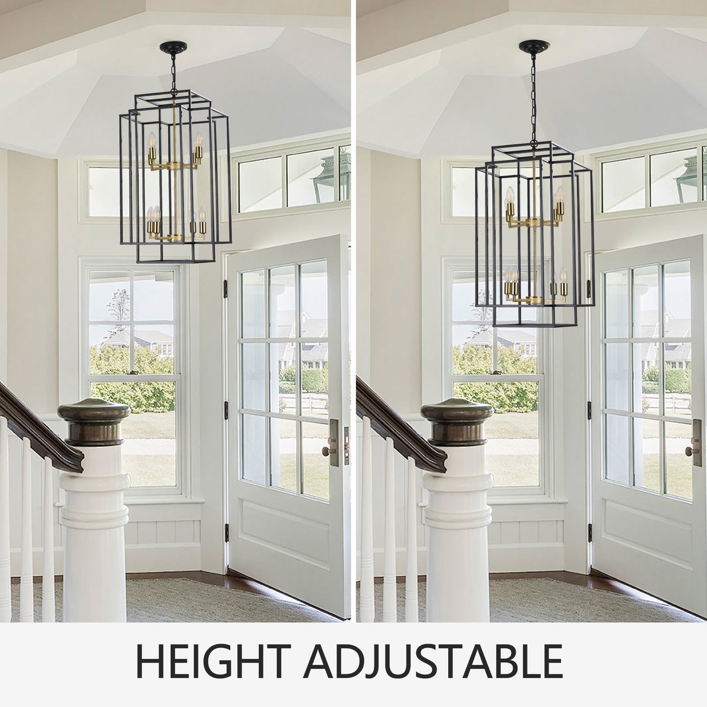 18" Modern 8-Light Black Gold Geometric Pendant Chandelier, Industrial Metal Frame, Adjustable Hanging Light for Living Room, Dining Room, Kitchen (No Bulbs)
