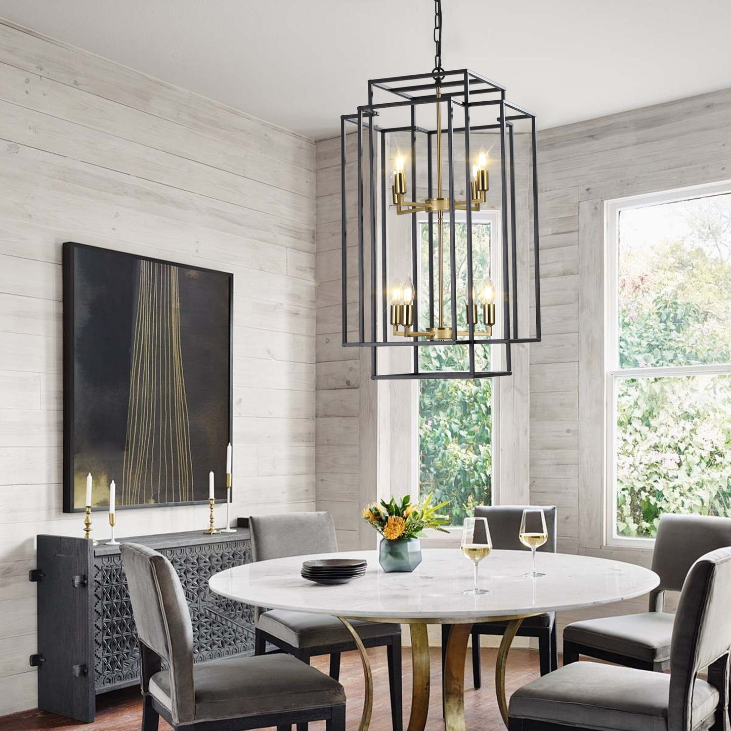 18" Modern 8-Light Black Gold Geometric Pendant Chandelier, Industrial Metal Frame, Adjustable Hanging Light for Living Room, Dining Room, Kitchen (No Bulbs)