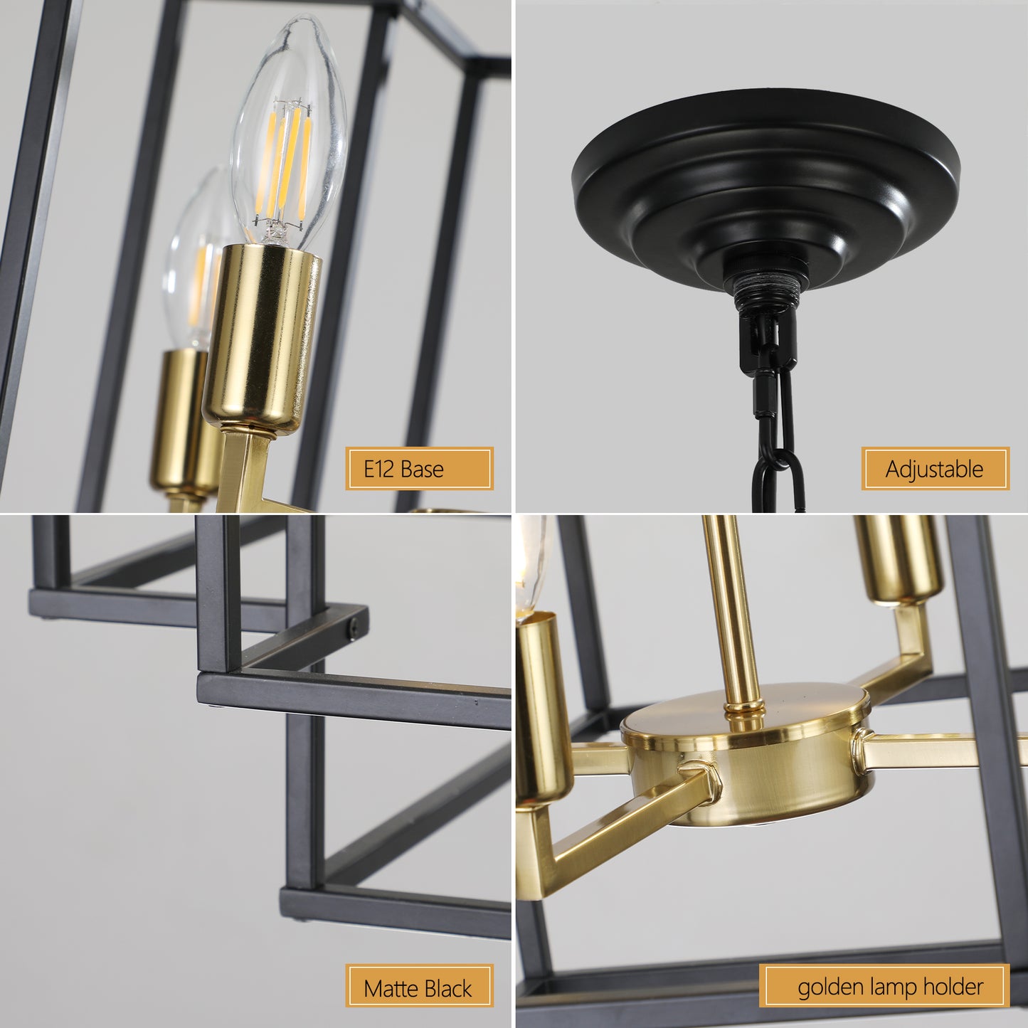 18" Modern 8-Light Black Gold Geometric Pendant Chandelier, Industrial Metal Frame, Adjustable Hanging Light for Living Room, Dining Room, Kitchen (No Bulbs)