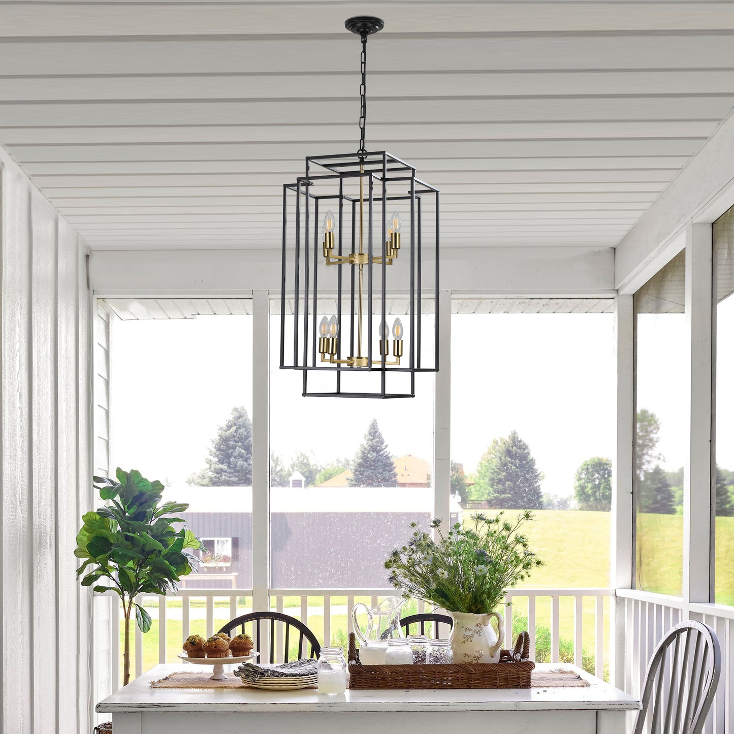18" Modern 8-Light Black Gold Geometric Pendant Chandelier, Industrial Metal Frame, Adjustable Hanging Light for Living Room, Dining Room, Kitchen (No Bulbs)