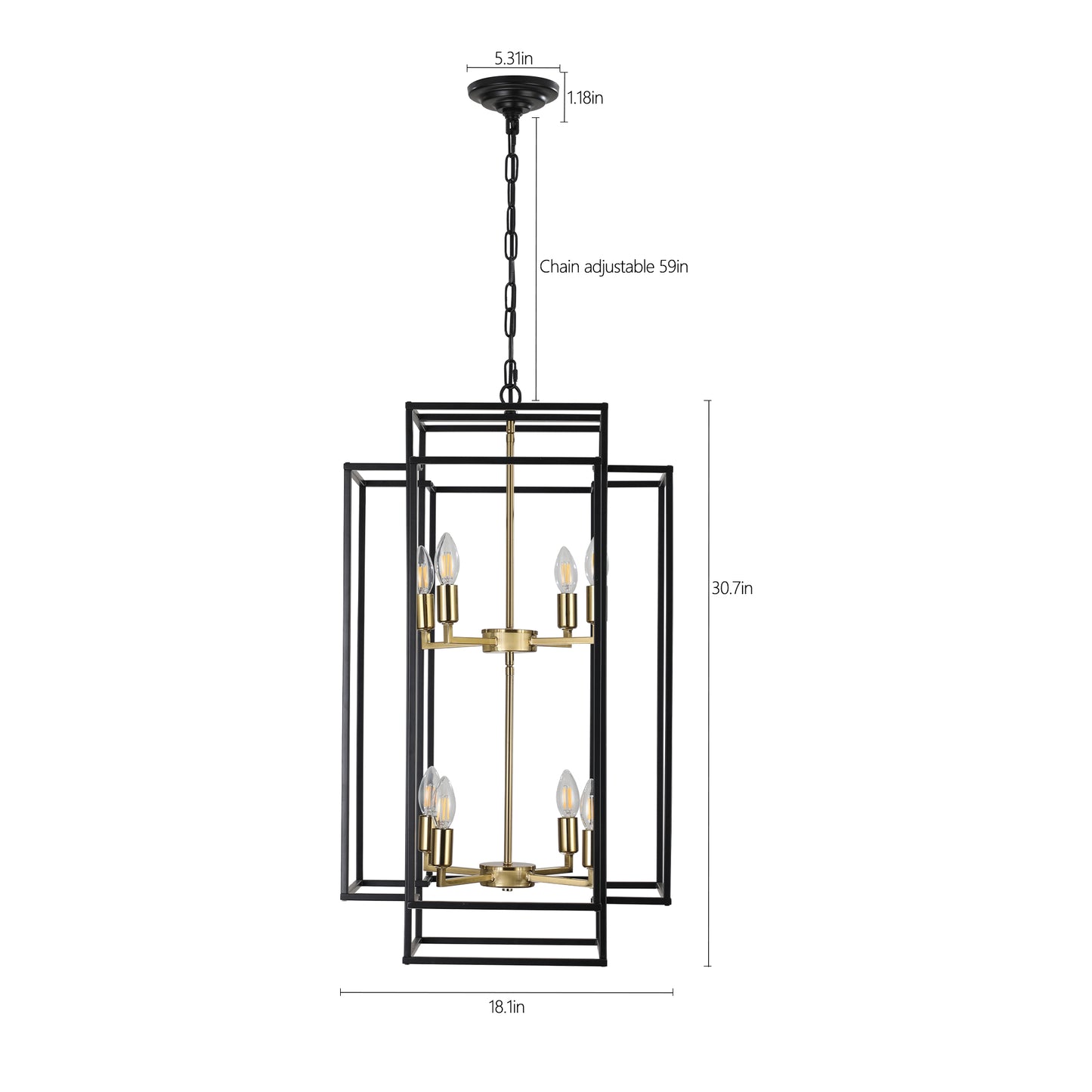 18" Modern 8-Light Black Gold Geometric Pendant Chandelier, Industrial Metal Frame, Adjustable Hanging Light for Living Room, Dining Room, Kitchen (No Bulbs)
