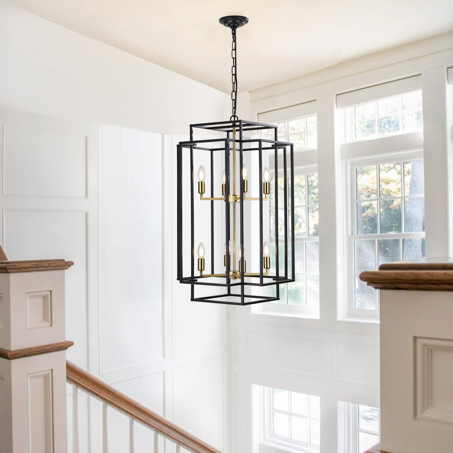 18" Modern 8-Light Black Gold Geometric Pendant Chandelier, Industrial Metal Frame, Adjustable Hanging Light for Living Room, Dining Room, Kitchen (No Bulbs)
