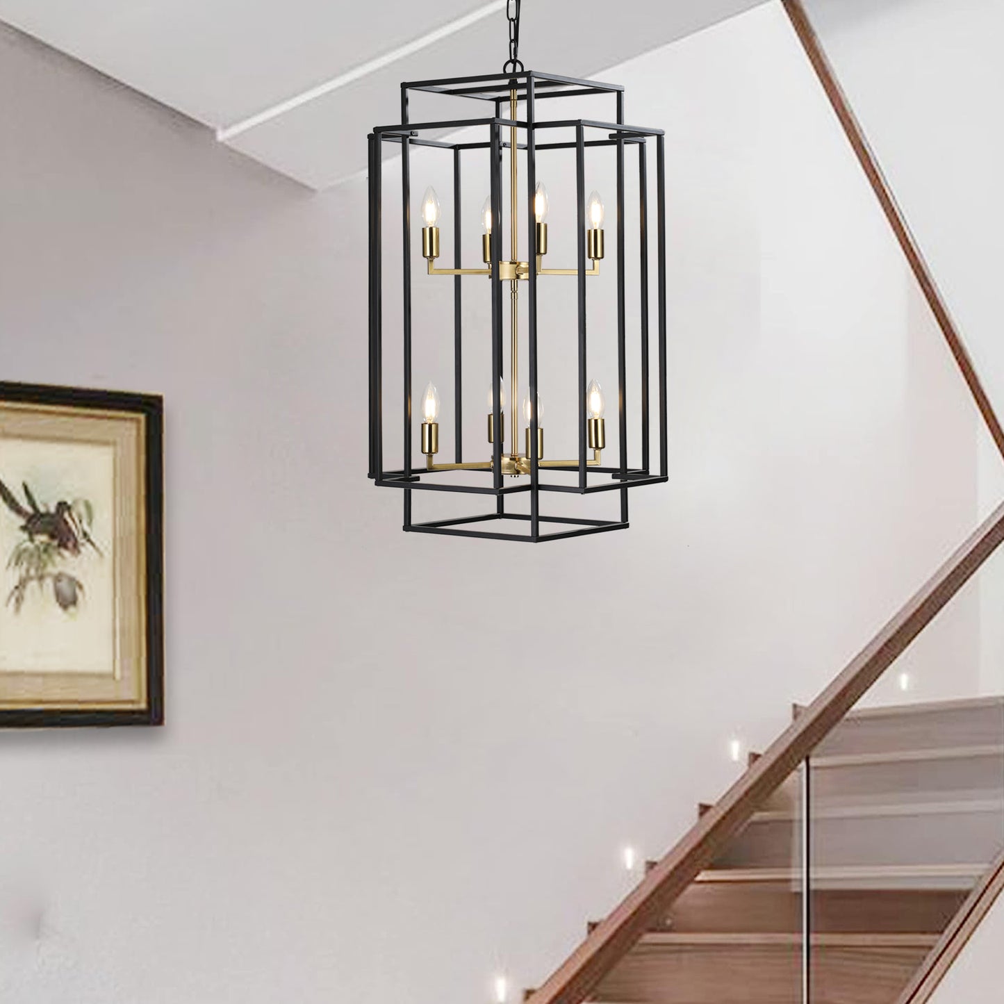 18" Modern 8-Light Black Gold Geometric Pendant Chandelier, Industrial Metal Frame, Adjustable Hanging Light for Living Room, Dining Room, Kitchen (No Bulbs)