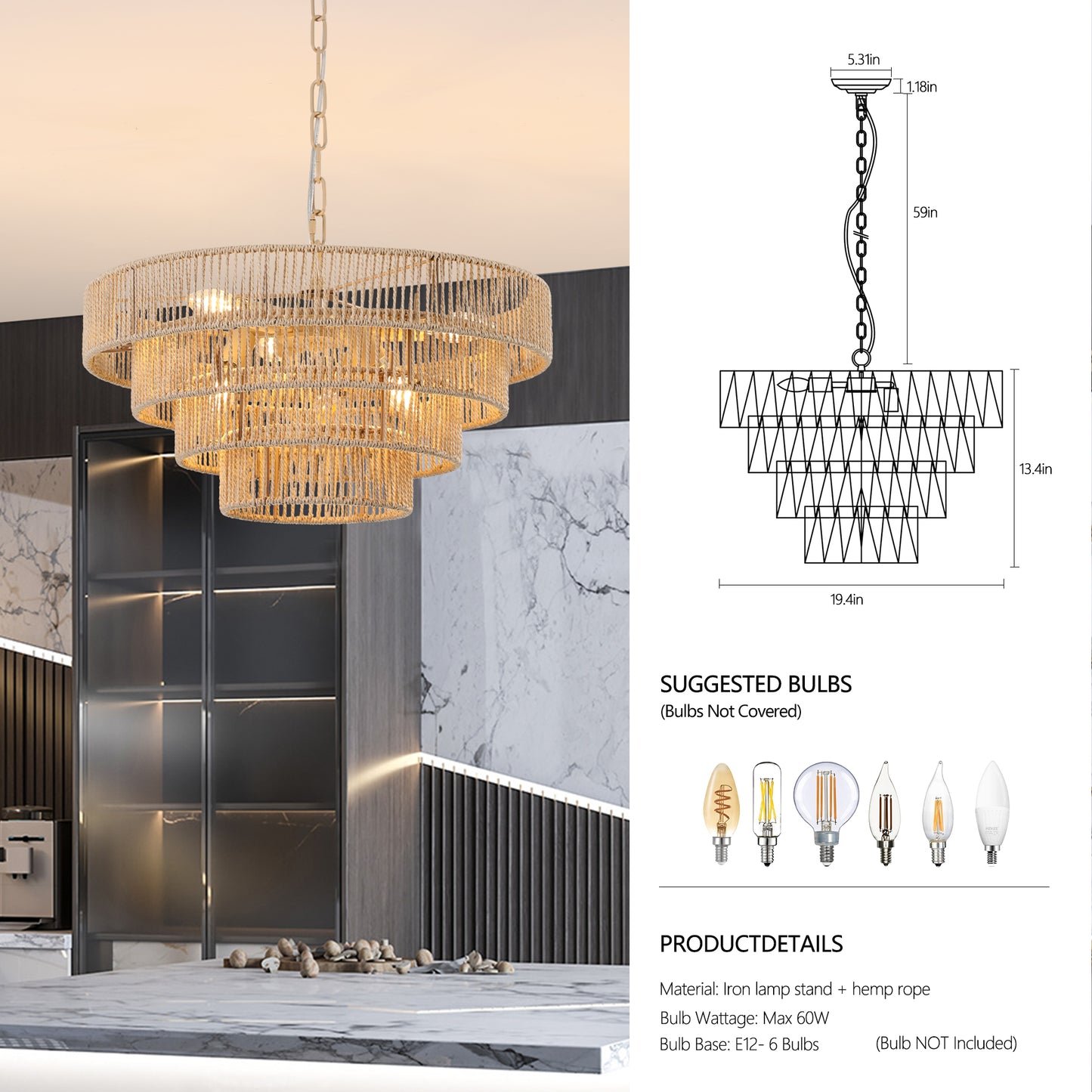 20" Modern 4-Layer Woven Hemp Rope Chandelier, Boho Style Pendant Light, Elegant Hanging Light Fixture for Living Room, Dining Room, Bedroom (No Bulbs)