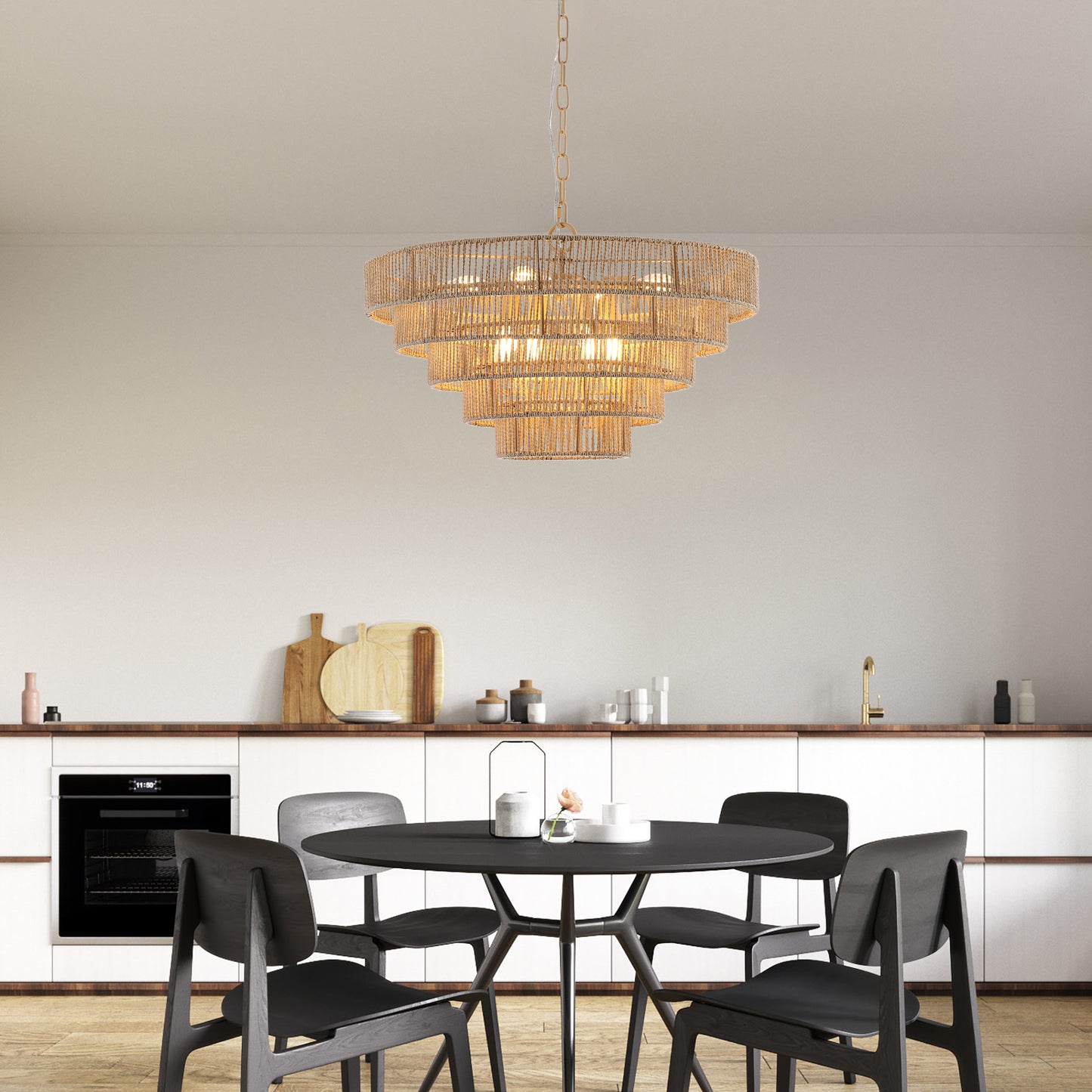 24" Modern 5-Layer Woven Hemp Rope Chandelier, Boho Style Pendant Light, Elegant Hanging Light Fixture for Living Room, Dining Room, Bedroom (No Bulbs)