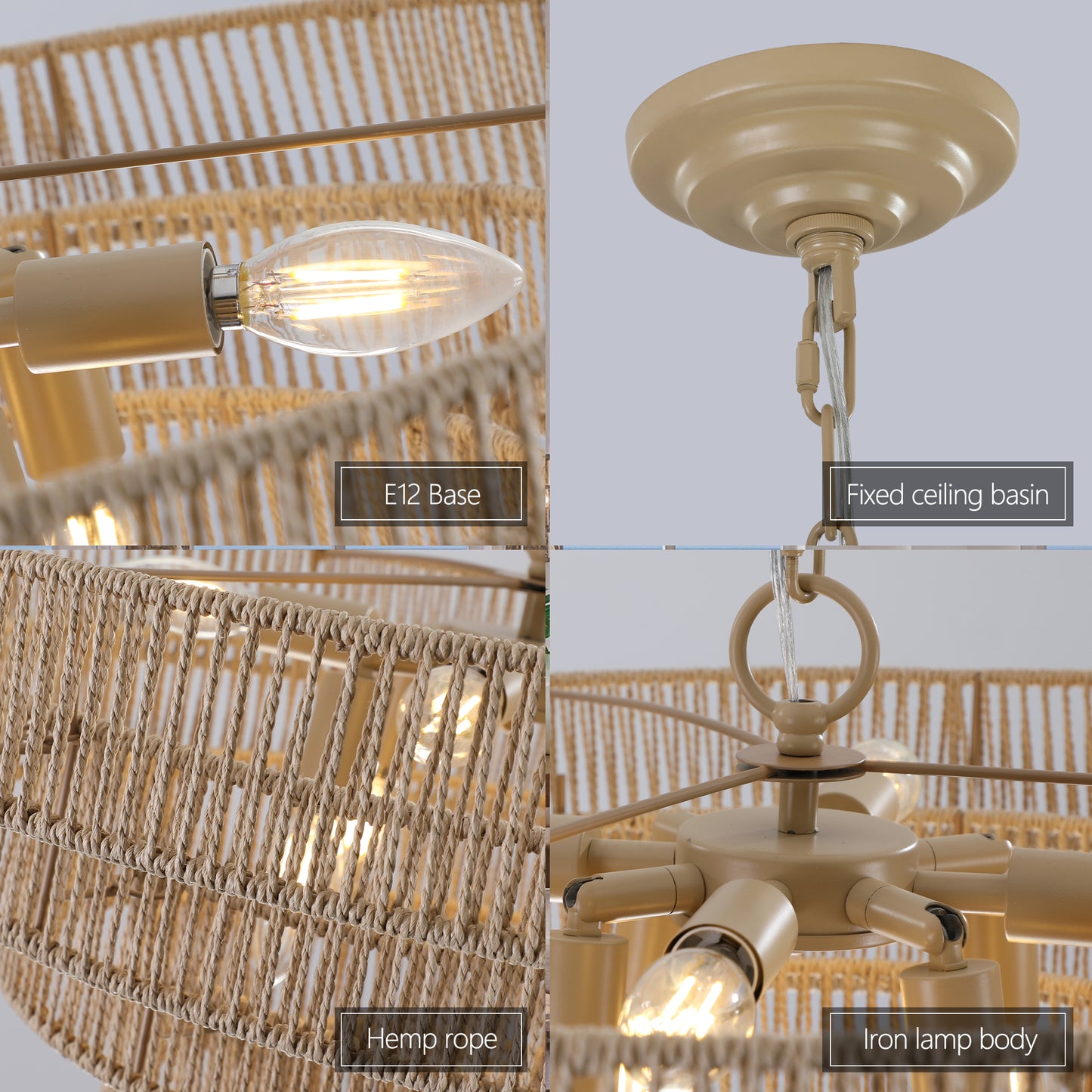 24" Modern 5-Layer Woven Hemp Rope Chandelier, Boho Style Pendant Light, Elegant Hanging Light Fixture for Living Room, Dining Room, Bedroom (No Bulbs)