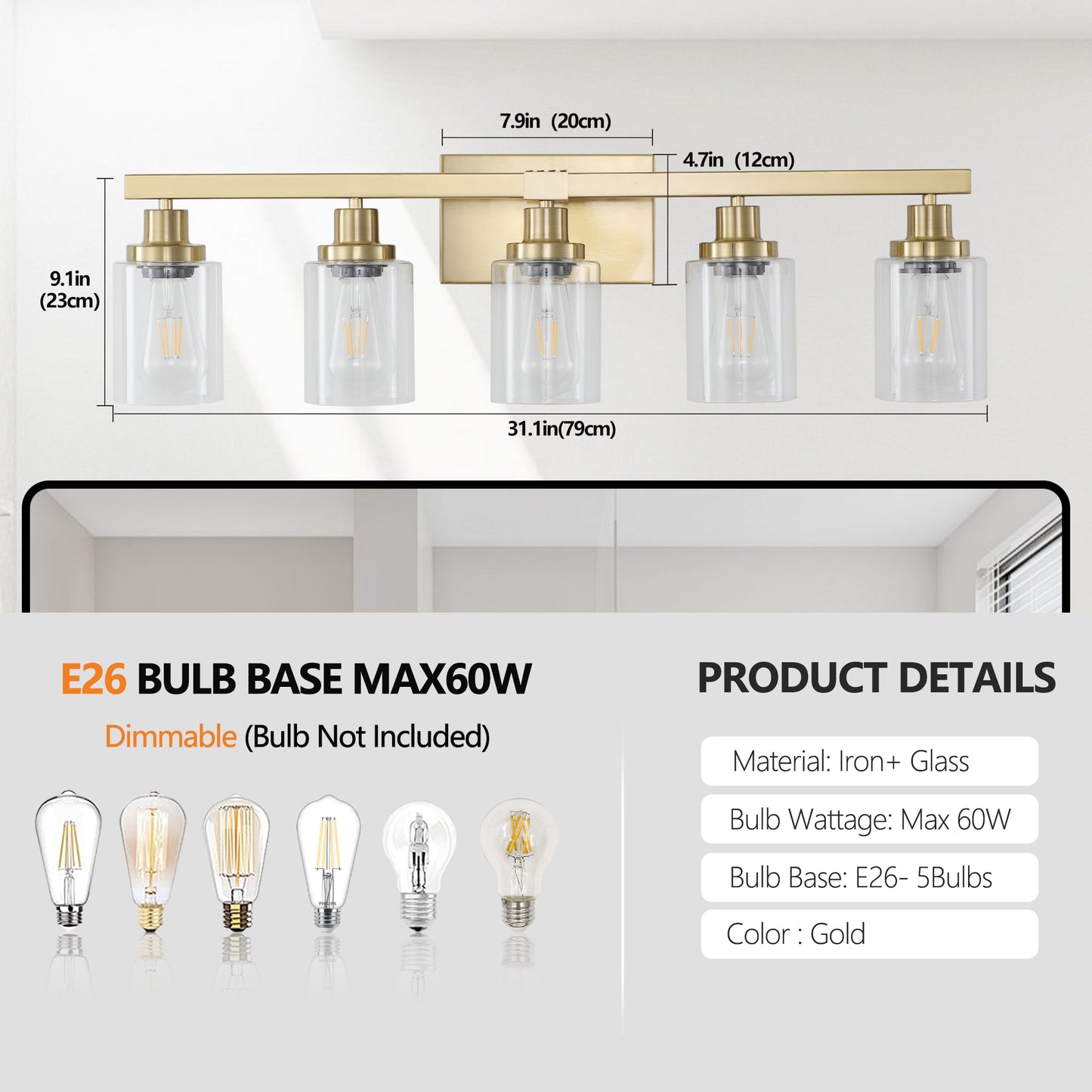 31" Golden 5-Light Vanity Light with Clear Glass Shades, Modern Iron Metal Bathroom Wall Fixture for Mirror, Ideal for Bathroom and Dressing Table (No Bulbs)